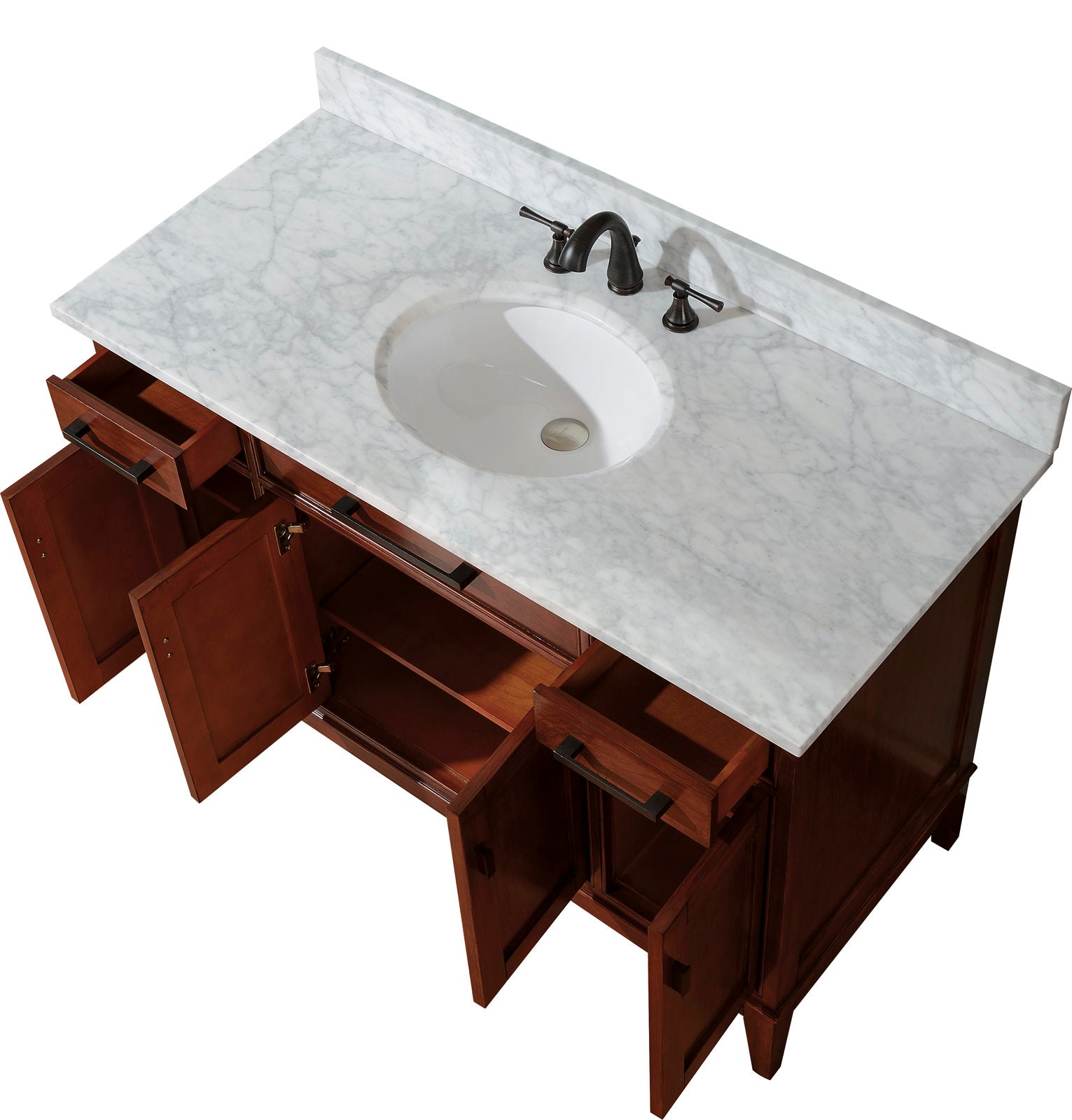 49-inch freestanding solid wood vanity with white marble stone top and backsplash, oval ceramic undermount sink, oil-rubbed bronze faucet, and brown wood cabinets with open doors and drawers showing interior shelving.