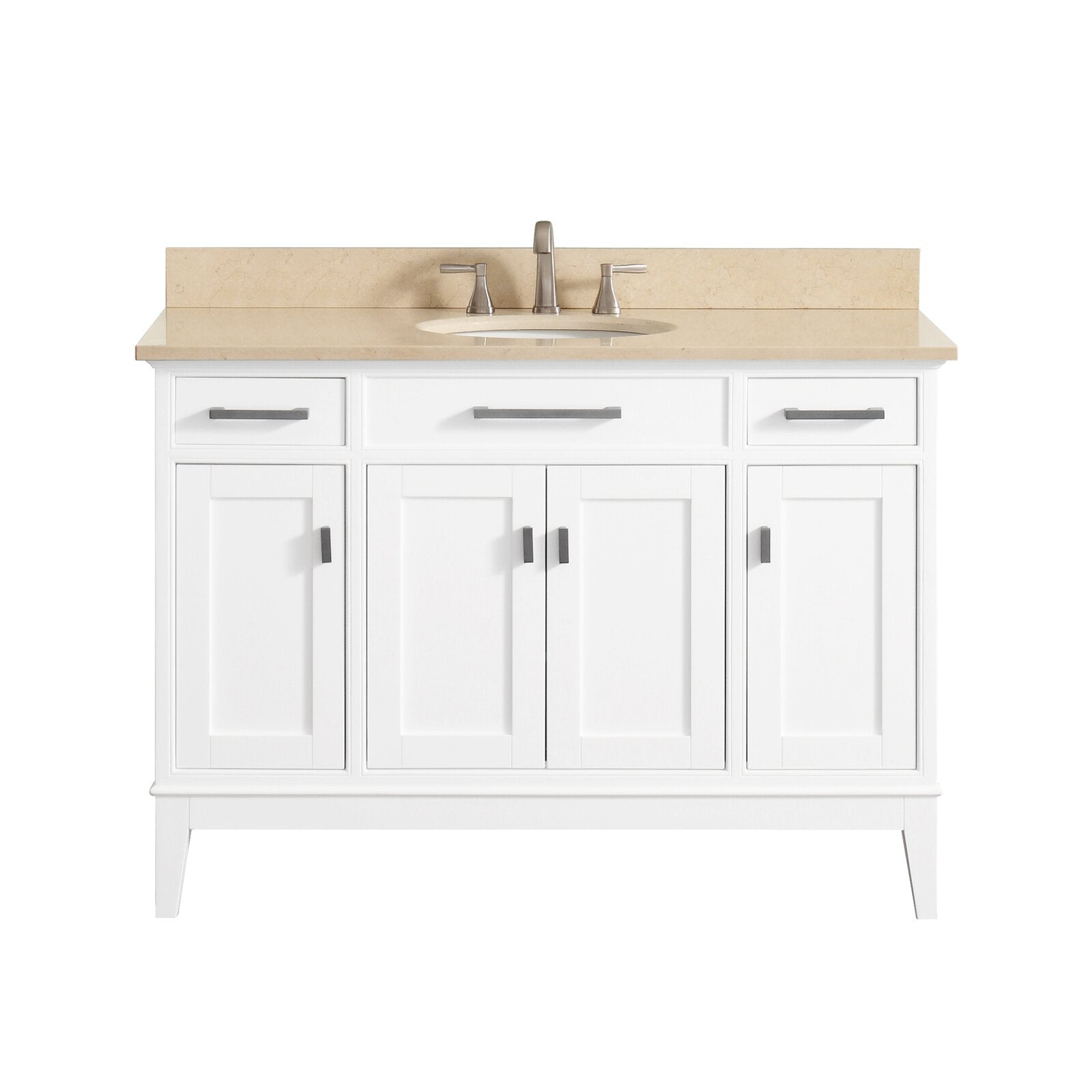 49-inch modern freestanding white solid wood single-sink bathroom vanity with beige stone countertop and backsplash, undermount ceramic sink, brushed nickel faucet and metal bar handles on drawers and doors.