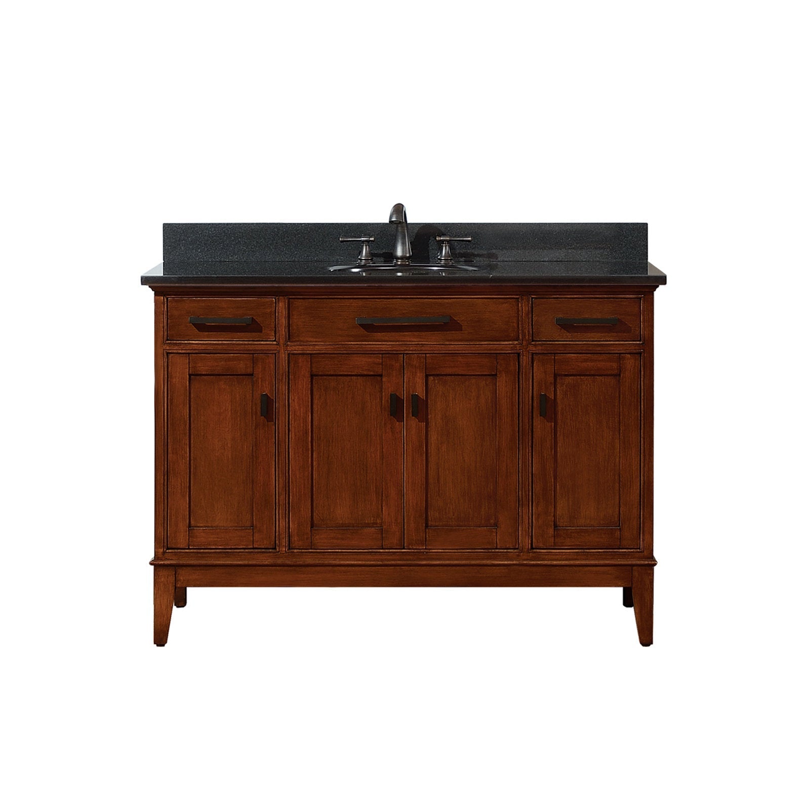 Freestanding single-sink bathroom vanity in warm brown solid wood with a dark stone countertop and backsplash, center basin and faucet, three top drawers and four paneled cabinet doors with dark metal hardware.