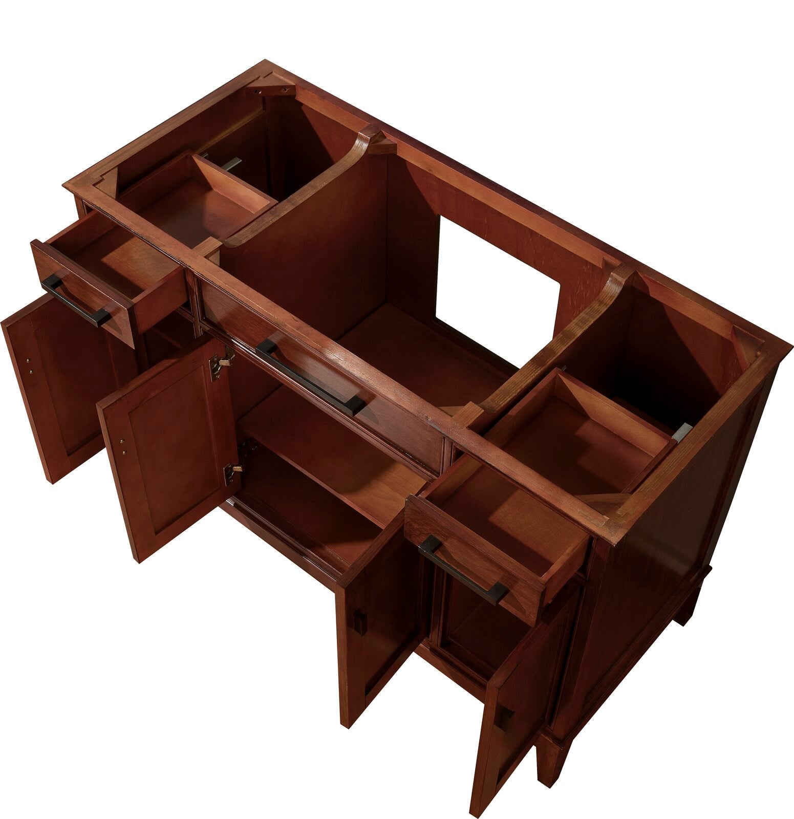 Top-down view of a modern solid wood 49-inch bathroom vanity base in stone finish with open drawers and doors, a center sink cutout for plumbing, interior shelf and dark metal bar handles.