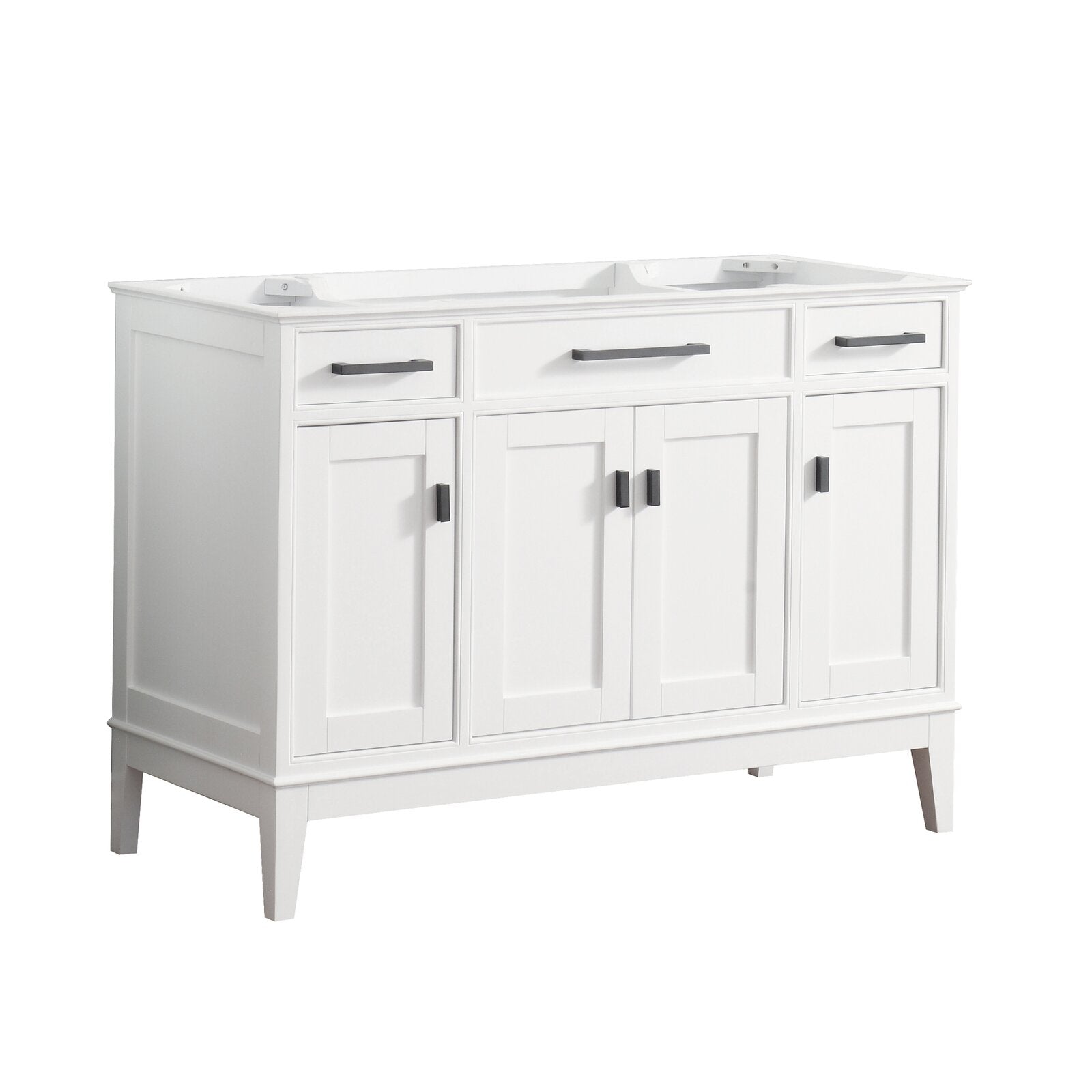 White solid wood 49-inch freestanding bathroom vanity with stone countertop cutouts for a single sink, shaker-style paneled doors, center drawer, and matte black bar hardware.