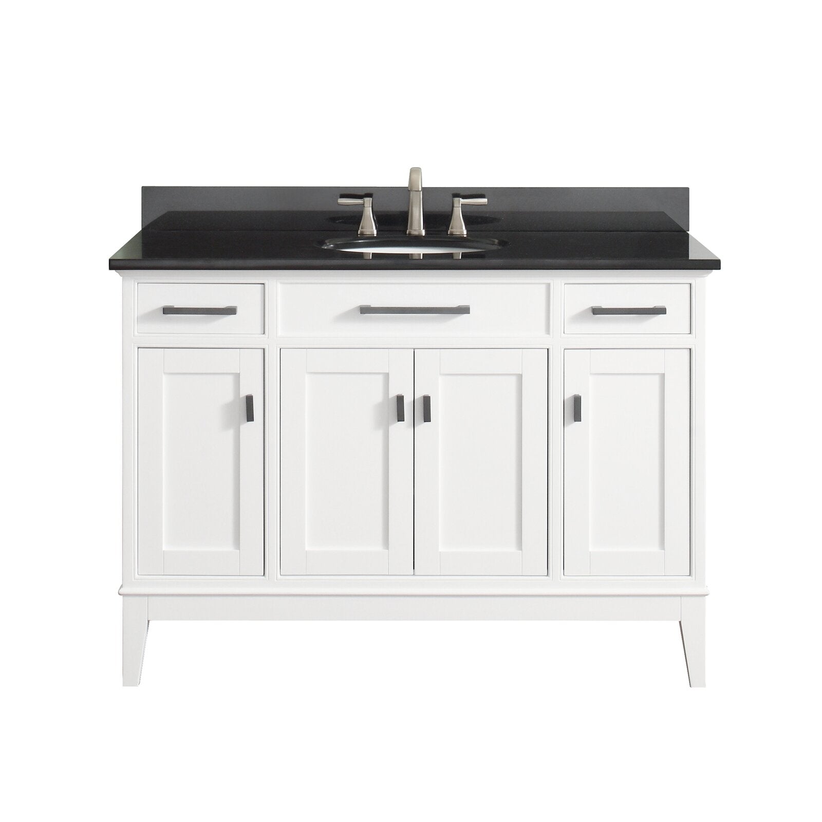 49-inch freestanding white solid-wood bathroom vanity with black stone countertop and backsplash, single undermount ceramic sink, brushed nickel faucet, three top drawers and four cabinet doors with dark metal pulls.