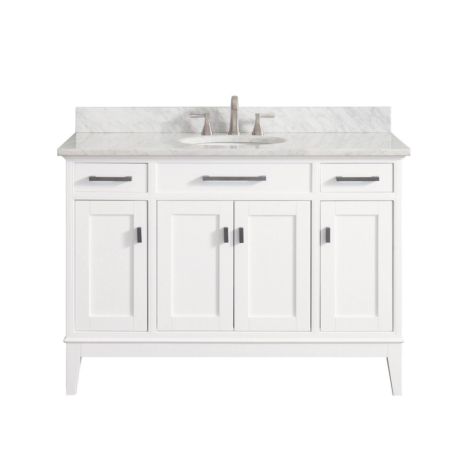 Freestanding white solid-wood bathroom vanity with a marble stone top and backsplash, single undermount ceramic sink, brushed-metal faucet and matte dark handles, three top drawers above four shaker-style cabinet doors in a modern style.