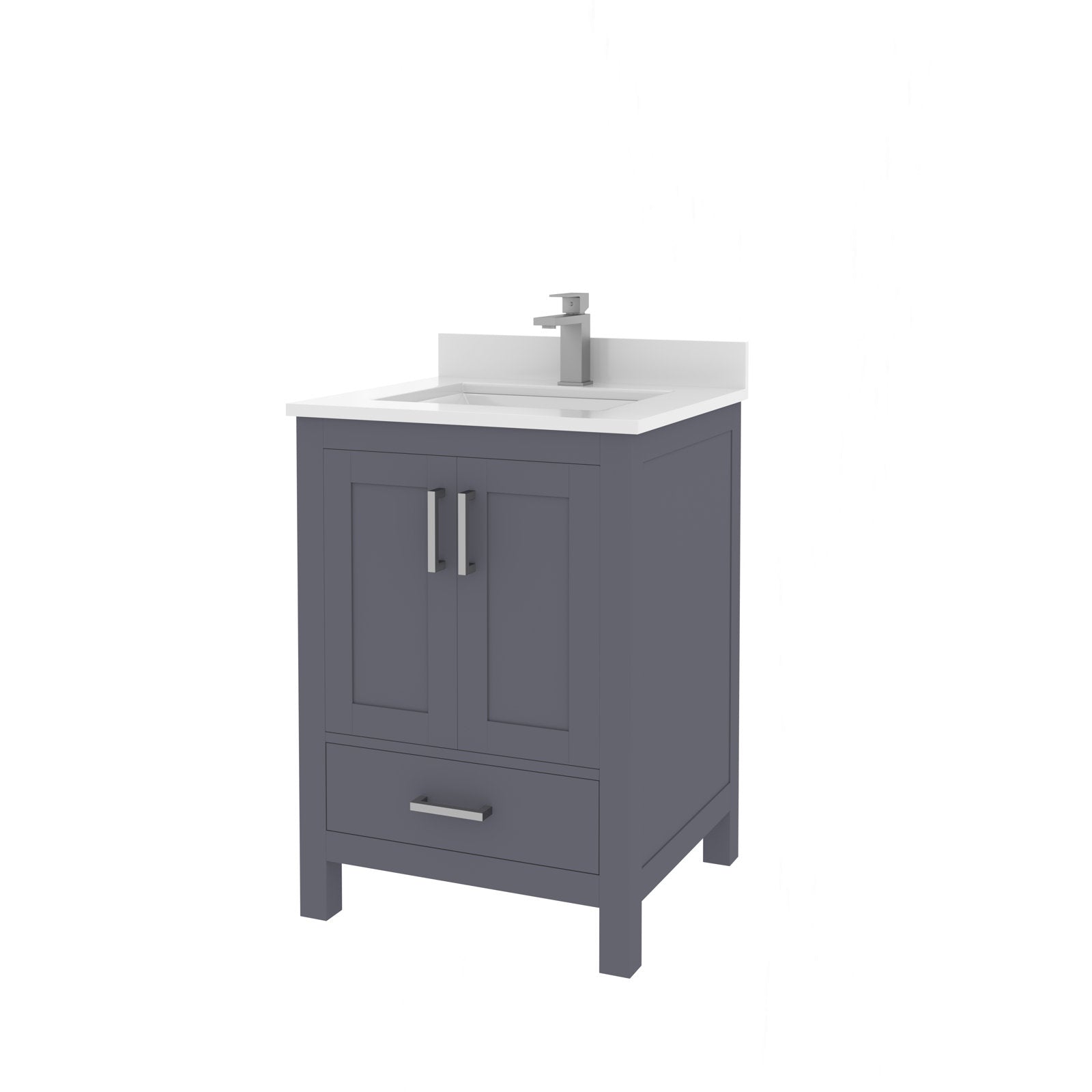Freestanding 24 in. modern solid wood bathroom vanity in stone gray with a white stone top and integrated rectangular ceramic sink, single chrome faucet, metal bar handles on two doors and a lower storage drawer.