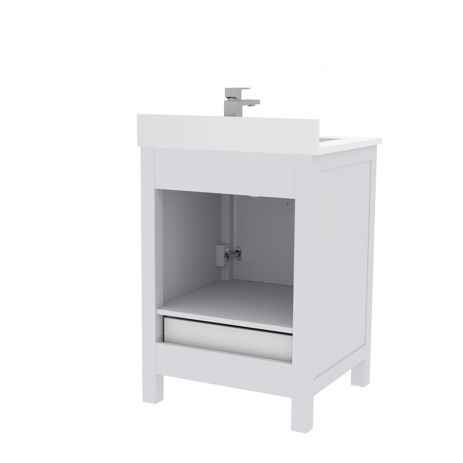 24-inch freestanding solid wood single-sink bathroom vanity in a stone finish with white stone top and modern single-handle faucet, shown with open lower cabinet, exposed hinge and a shallow pull-out drawer.