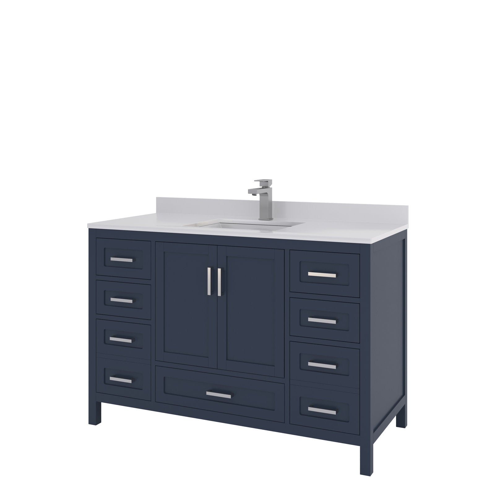Freestanding 48-inch charcoal gray solid wood single-sink bathroom vanity with white stone countertop, integrated rectangular ceramic sink and single chrome faucet, shaker-style center cabinet and multiple drawers with metal pulls.
