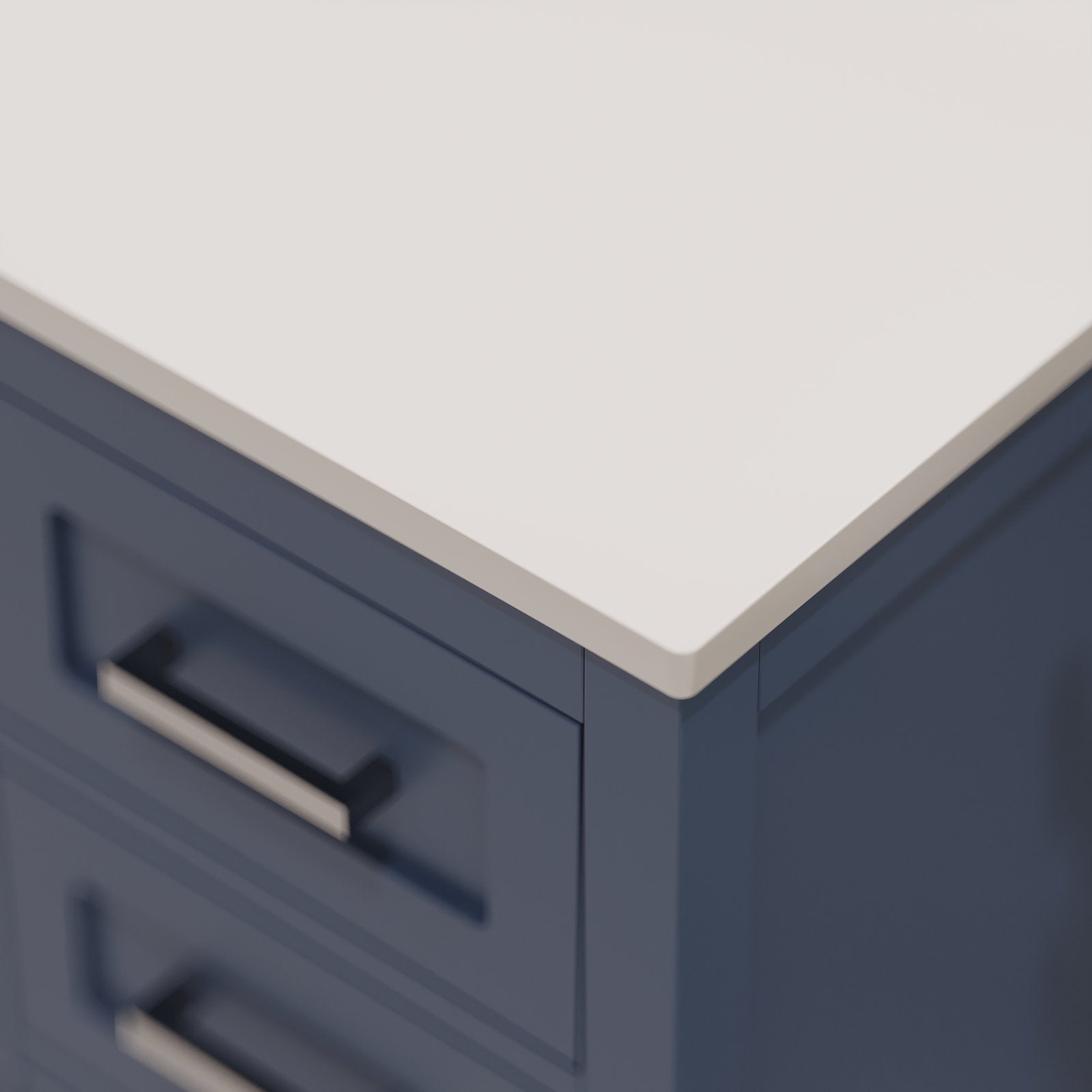 Close-up of a 48-inch modern bathroom vanity corner showing a stone-colored countertop and solid wood charcoal-gray cabinet with recessed drawers and brushed metal bar handles.