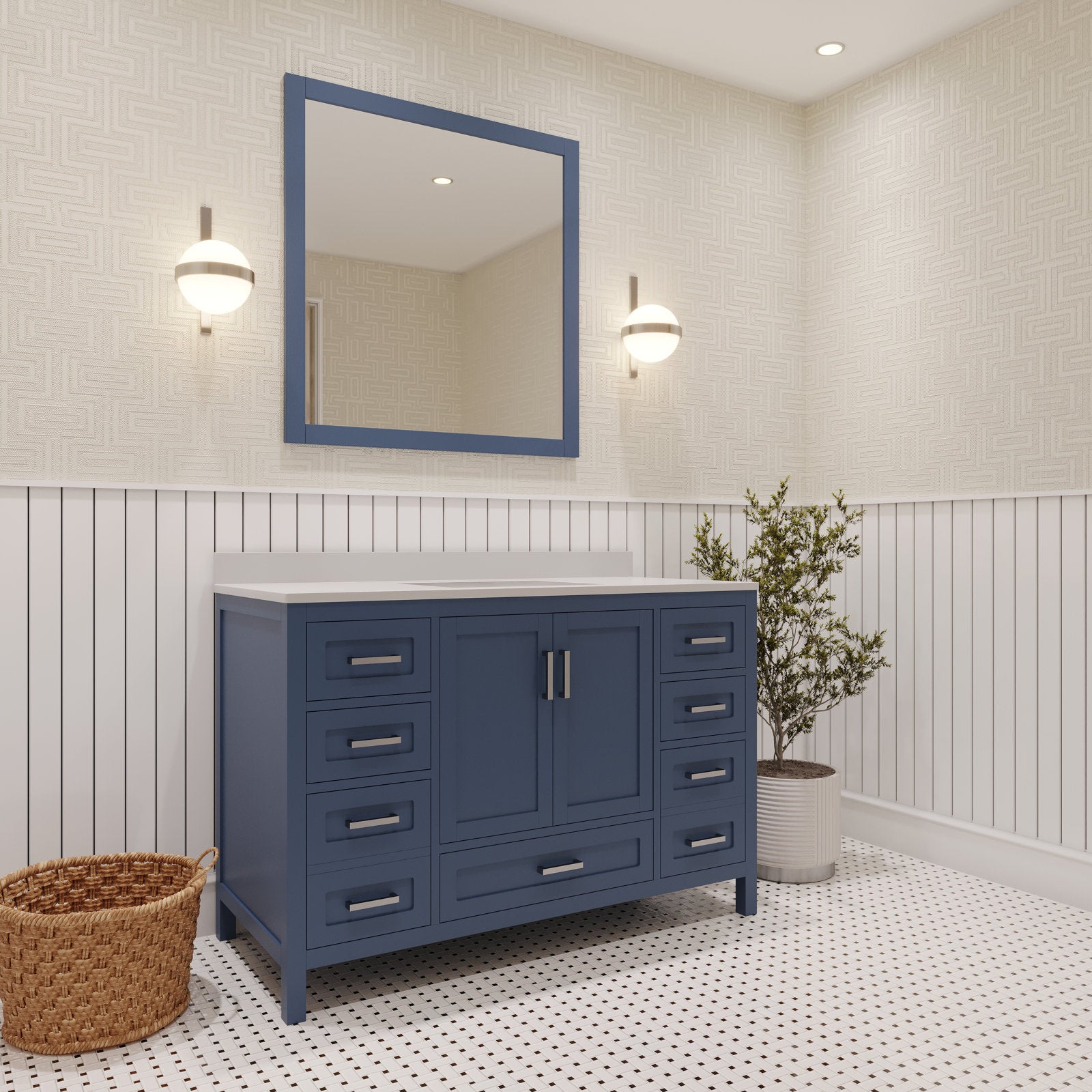 Freestanding modern solid wood 48-inch single-sink bathroom vanity with stone countertop, blue painted cabinet, six drawers flanking center double doors, brushed metal pulls, mirror and wall sconces above.