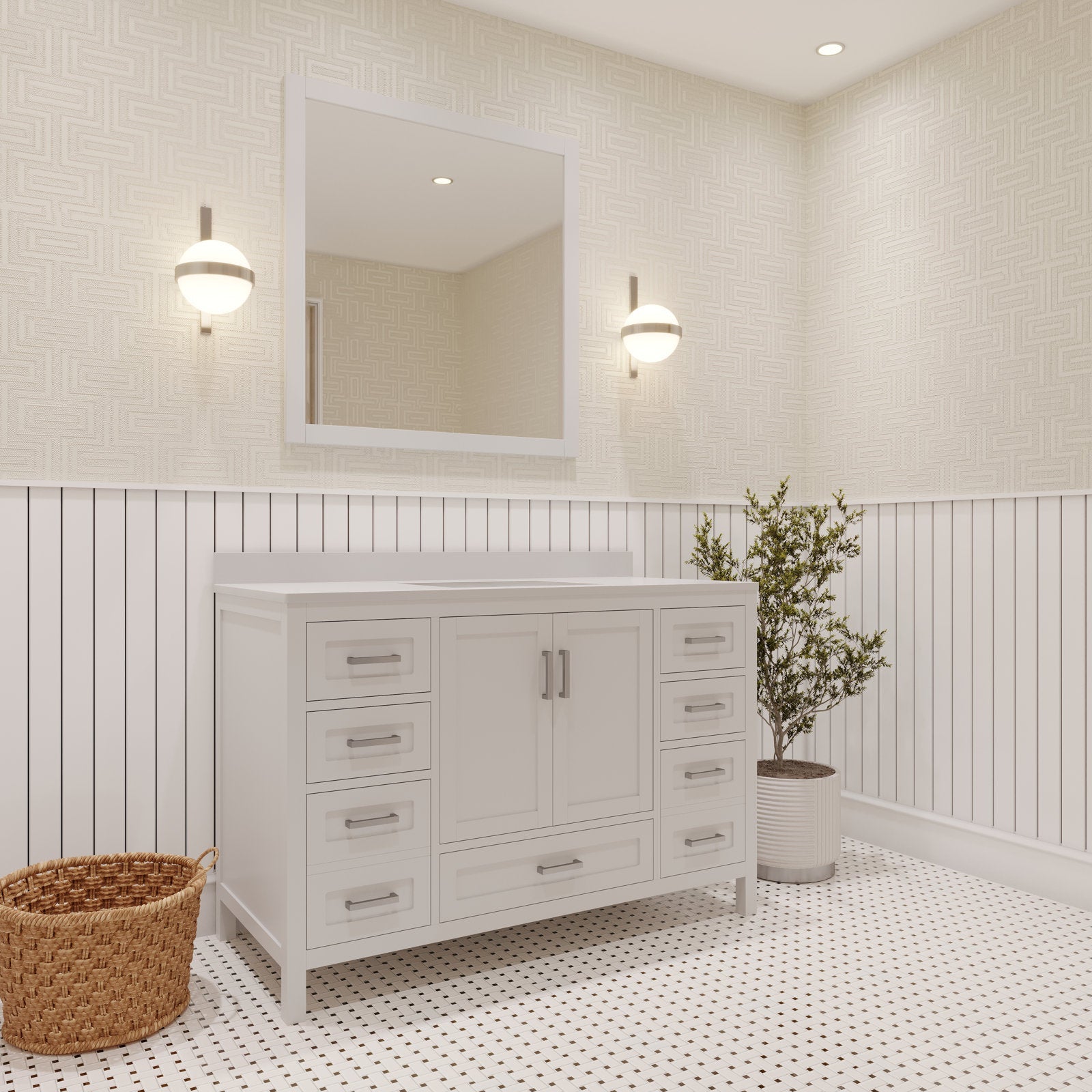48-inch modern solid wood bathroom vanity in stone finish with stone top and ceramic sink, central double-door cabinet, six side drawers with brushed metal pulls, framed mirror, wall sconces, wicker basket and potted plant.