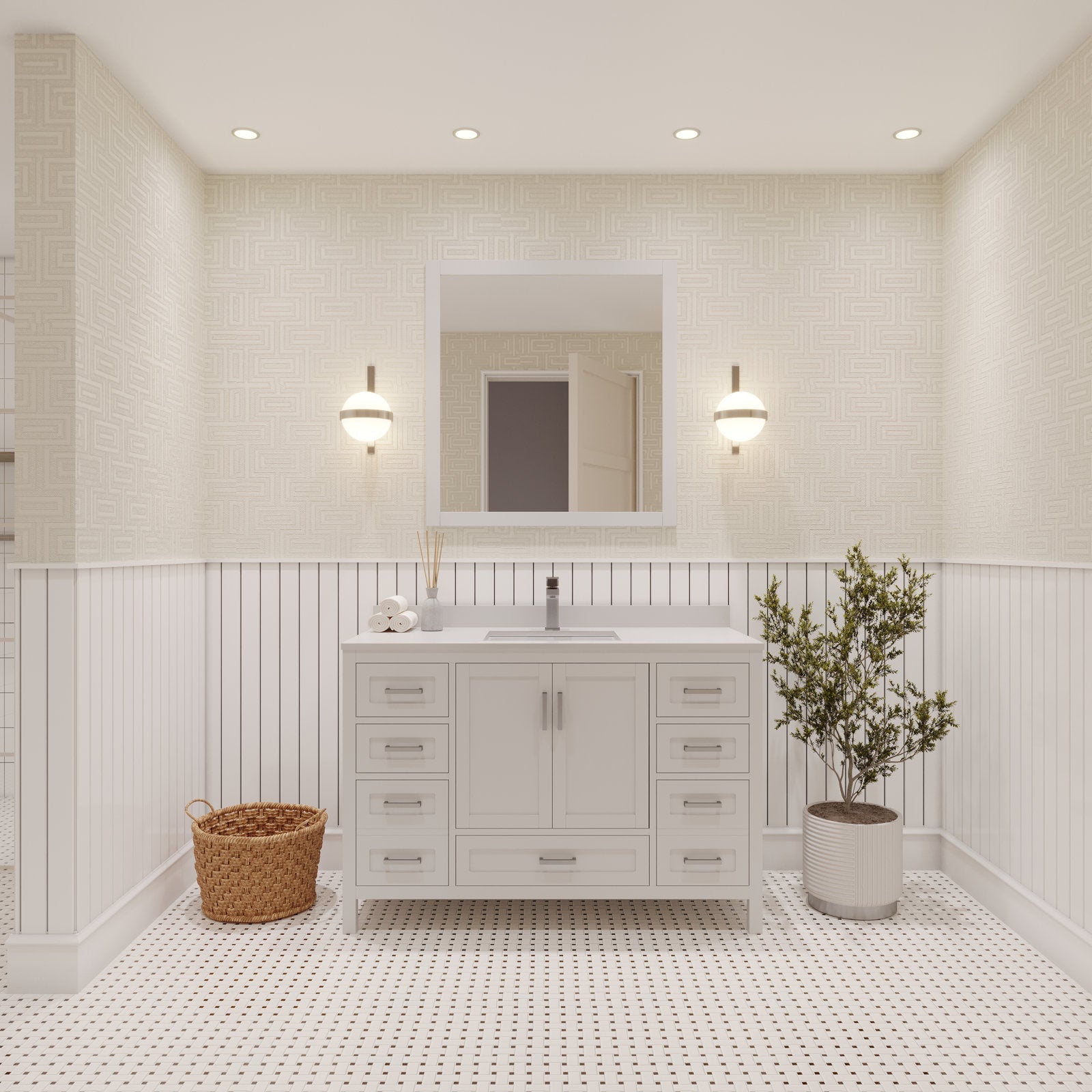 48-inch modern solid-wood bathroom vanity in stone with an integrated ceramic sink and stone top, centered below a framed mirror with two globe wall sconces; white beadboard wainscoting, woven basket, potted plant, and mosaic tile floor.