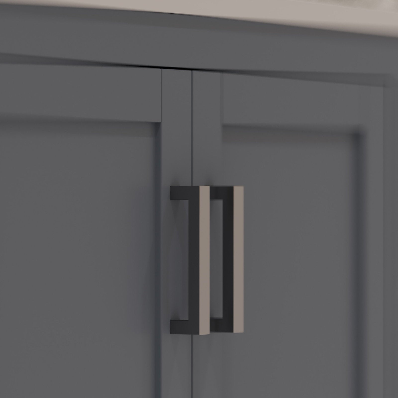 Close-up of a stone-colored solid wood vanity double door showing modern rectangular metal pulls with a contrasting dark inner frame and lighter metal faces.