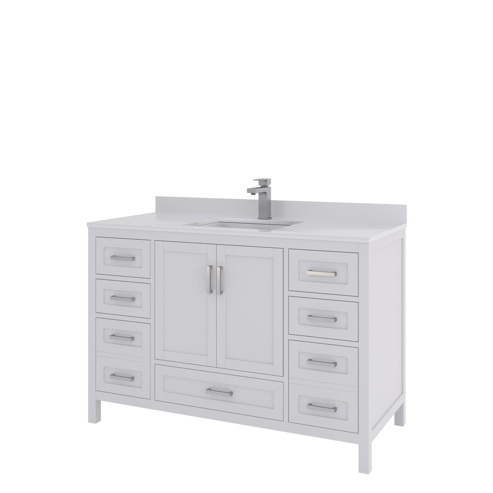 48-inch modern solid wood bathroom vanity in stone finish with stone countertop and integrated rectangular undermount sink, center cabinet flanked by multiple drawers, brushed-nickel single-handle faucet and hardware, freestanding design