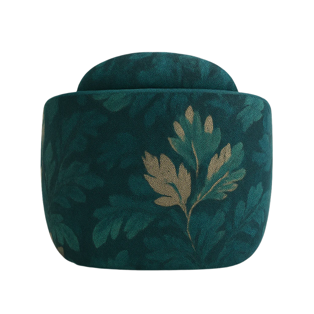 Rear view of a modern curved accent chair with fabric upholstery in deep green patterned textile featuring teal foliage and metallic gold leaf motif, showing its rounded cushioned back and wrapped base.
