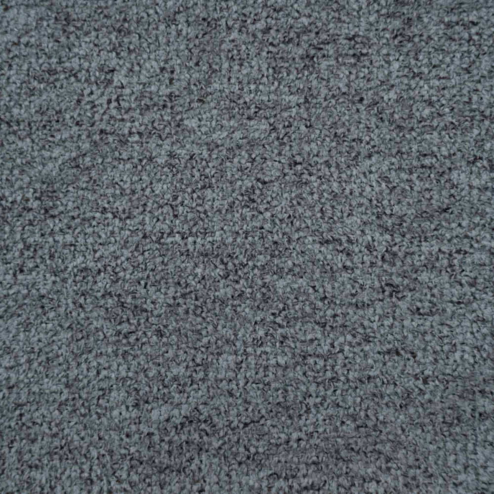 Close-up of gray boucle upholstery showing a dense, soft looped fabric texture used on the stool seat.