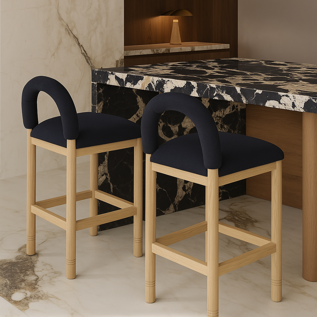 Two oak-framed counter stools with charcoal boucle upholstered seats and curved backrests sit beside a black-and-white marble counter on a marble floor in a neutral kitchen vignette.