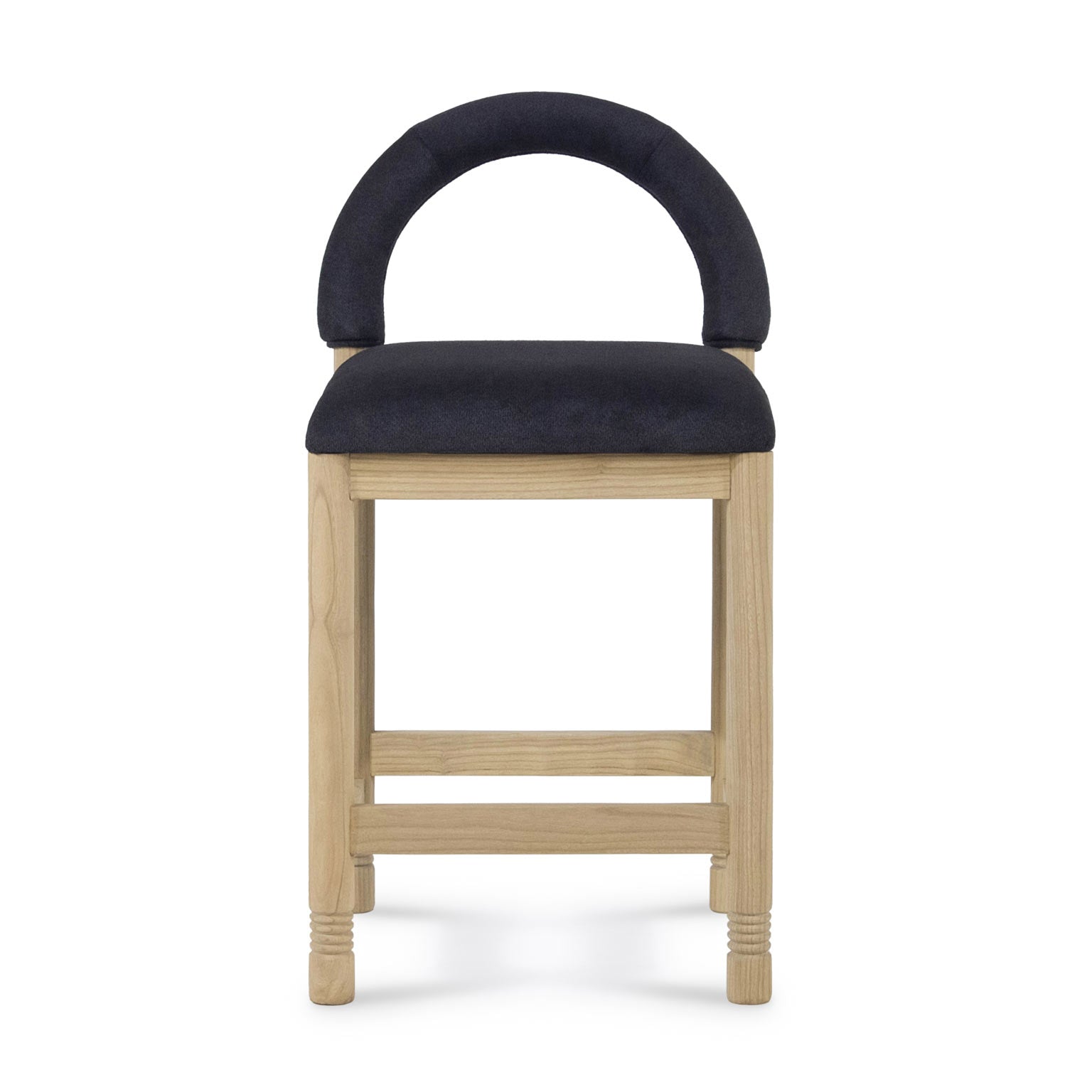 Front view of a counter-height stool with a natural oak frame and turned legs, featuring a charcoal boucle upholstered seat and rounded padded backrest on a white background.