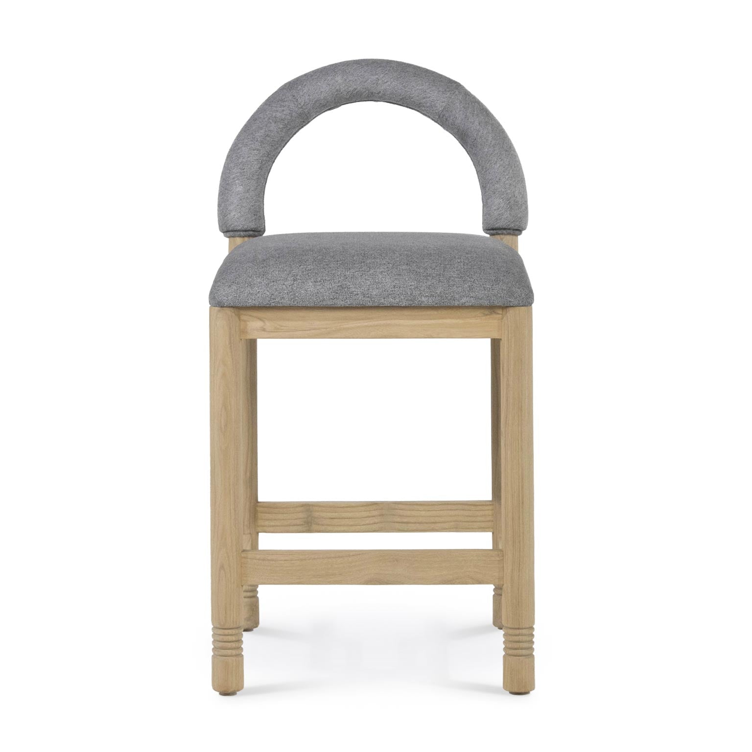 Front view of a counter stool with a light oak frame and cushioned gray bouclé seat and rounded upholstered back, featuring square legs and double horizontal foot rails.
