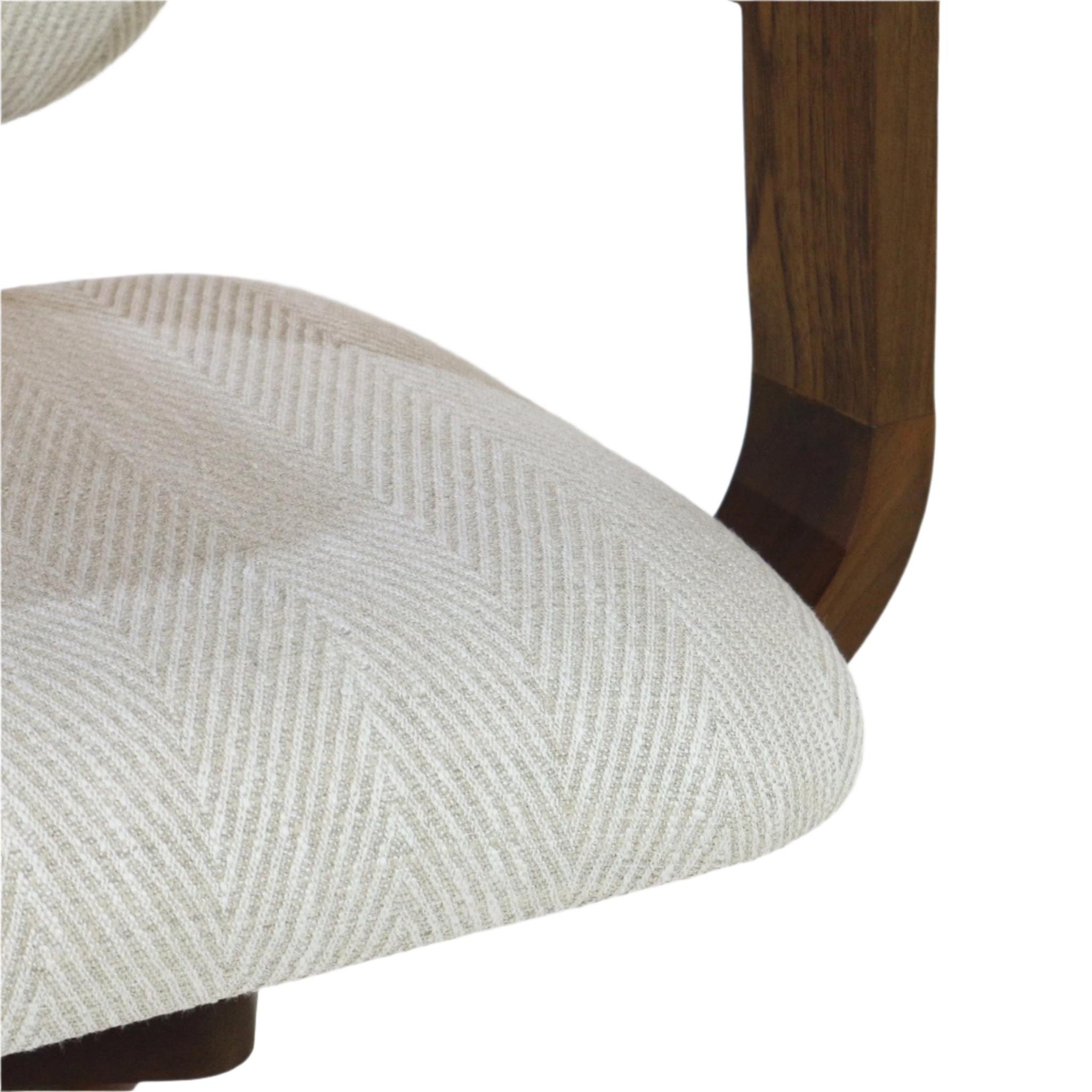 Close-up of a light beige herringbone-pattern upholstered bar stool seat showing textured fabric and a curved natural wood leg in warm brown.