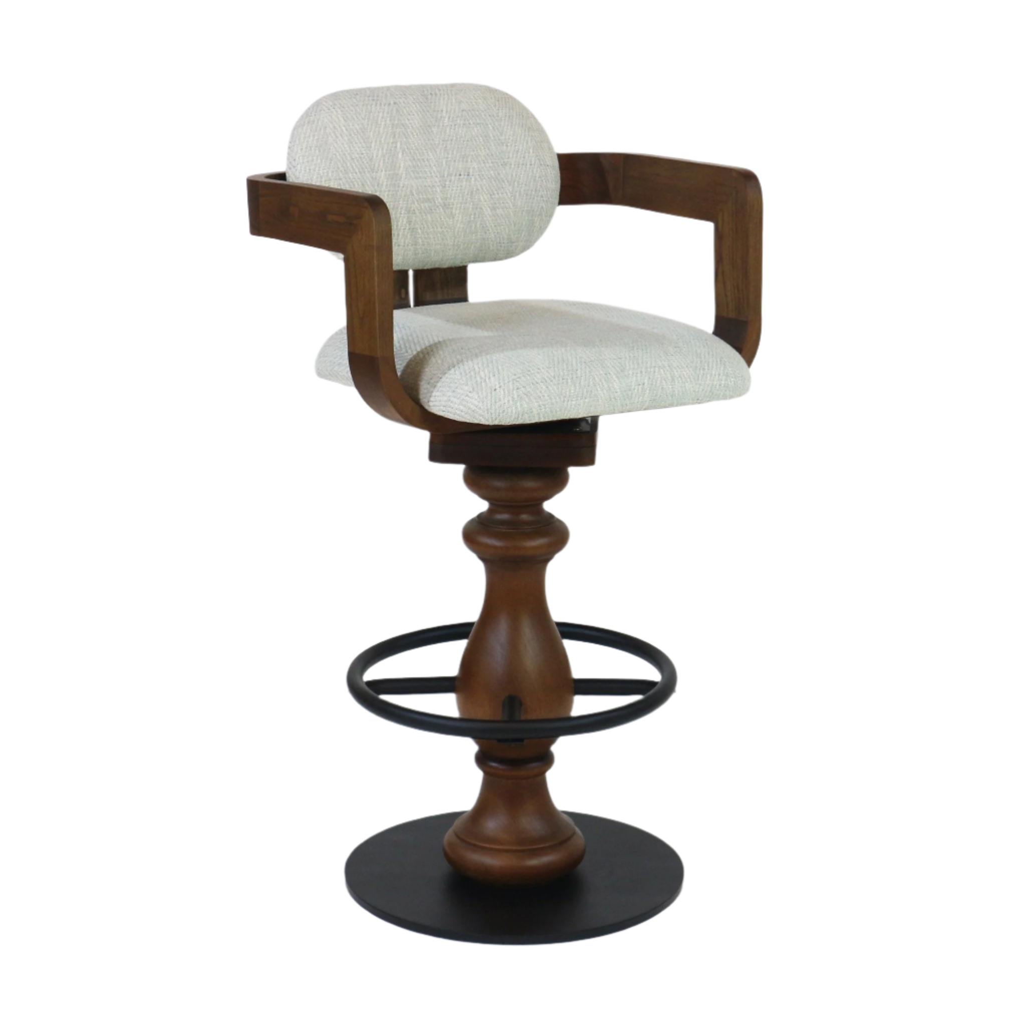 Swivel bar stool with light gray upholstered seat and back, curved teak wood arms and turned wood central column, and a black metal circular footrest with a round metal base.
