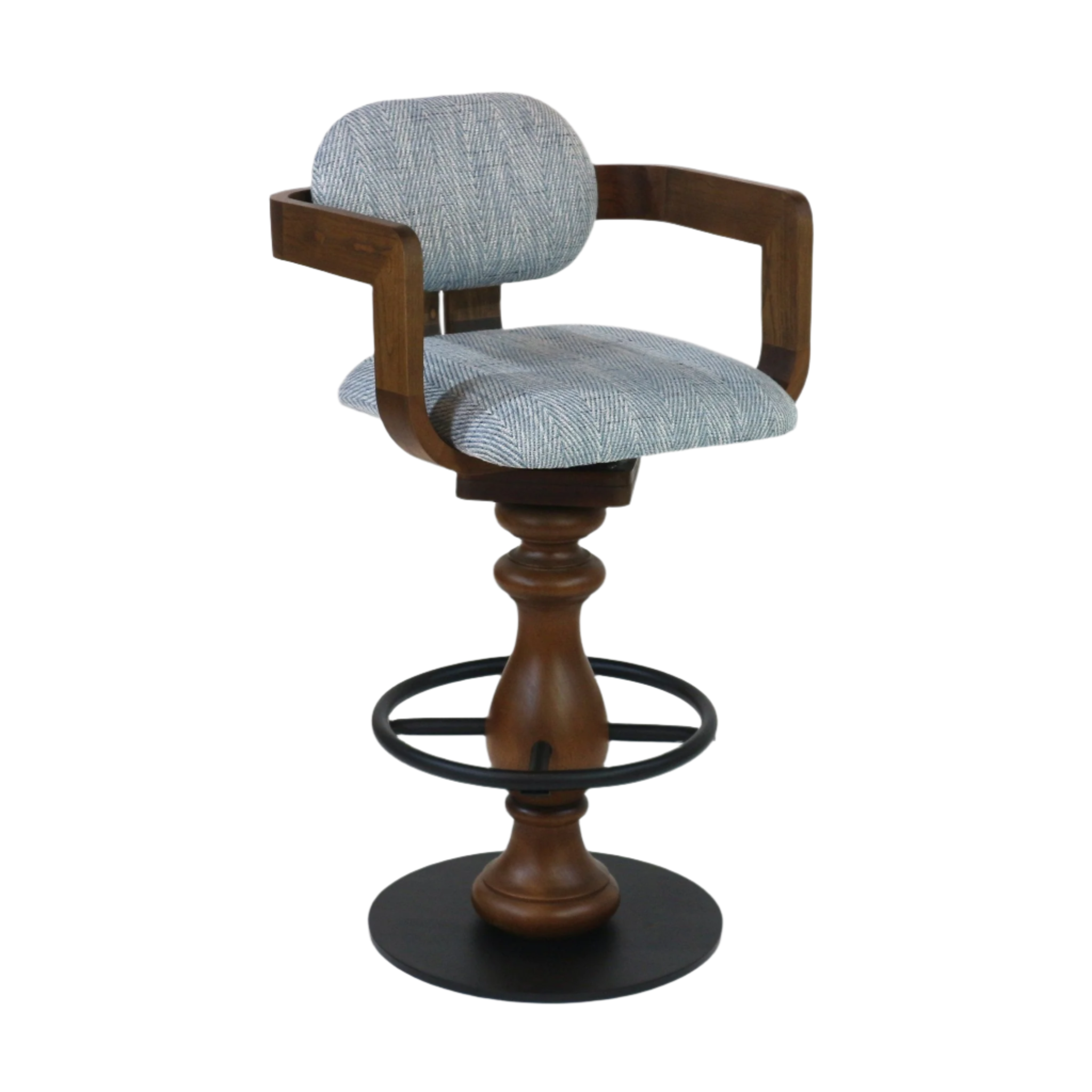 Light-gray herringbone fabric upholstered bar stool with curved walnut-finish wooden arms, turned wood pedestal, black metal foot ring and circular base; swivel seat for modern or contemporary counters.