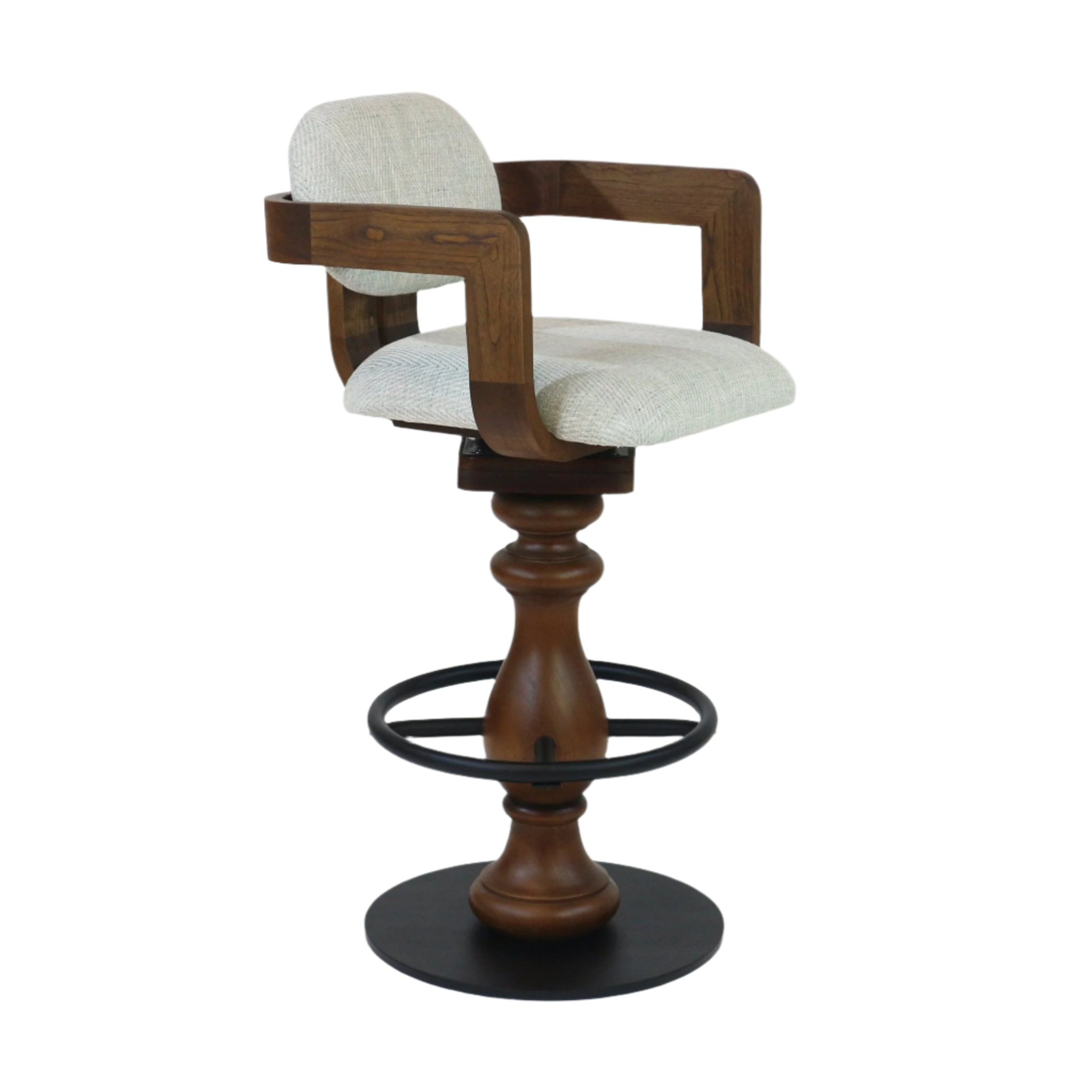 Light gray upholstered swivel bar stool with a cushioned round back, curved natural wood arm frame and turned wood pedestal, finished with a black metal circular footring and round base.