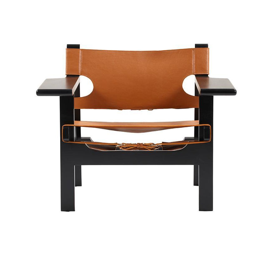 Front view of a modern Barcelona lounge chair featuring tan leather sling seat and back, black mahogany wooden frame with wide flat armrests and visible leather lacing under the seat on a white background.