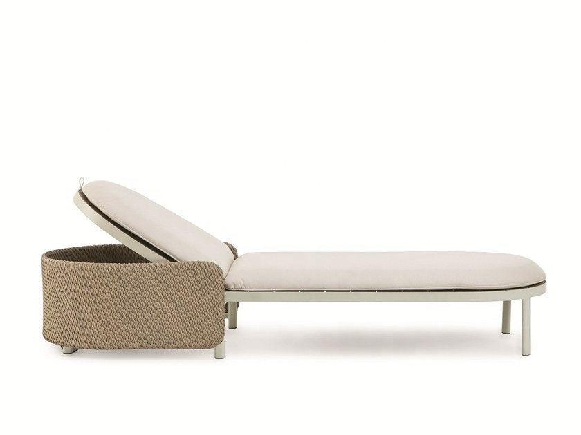 Beige-cushioned outdoor sun lounger with a natural woven rope frame and light metal legs and frame, featuring an adjustable backrest, shown in profile on a white background.