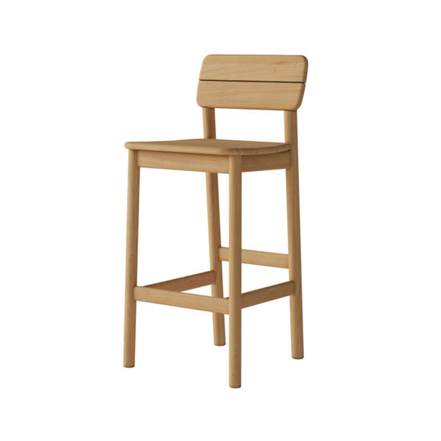 Armless solid teak outdoor bar stool with a light natural finish, rectangular slat back, square seat and four straight legs joined by a box-style footrest — minimalist coastal-contemporary design for kitchen or patio.