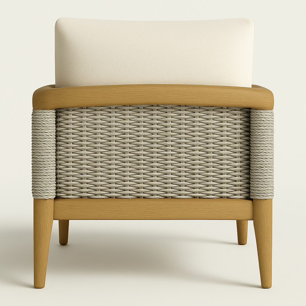 Rear view of an outdoor lounge chair with a cream cushion, woven natural wicker back panel and a warm teak wood frame with wrapped wicker column details.