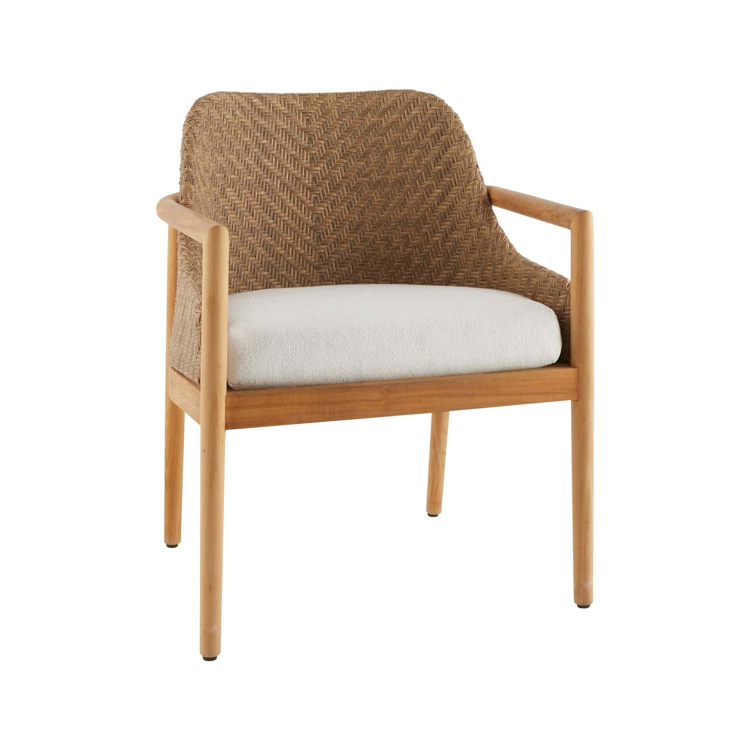 Coastal-style outdoor dining chair with a natural teak frame, woven wicker full back and a cream fabric upholstered seat cushion.