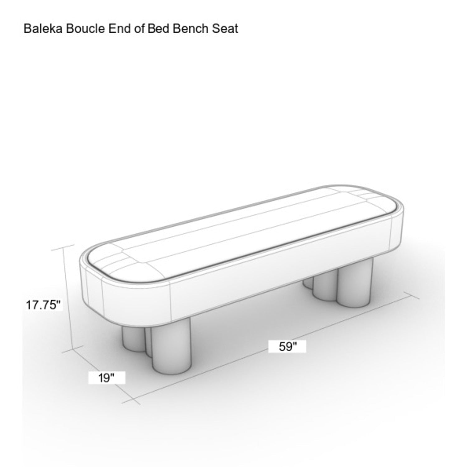 Dimensioned line drawing of a natural boucle fabric end-of-bed bench with rounded top and clustered cylindrical wooden legs, labeled 59" long, 19" deep and 17.75" high.