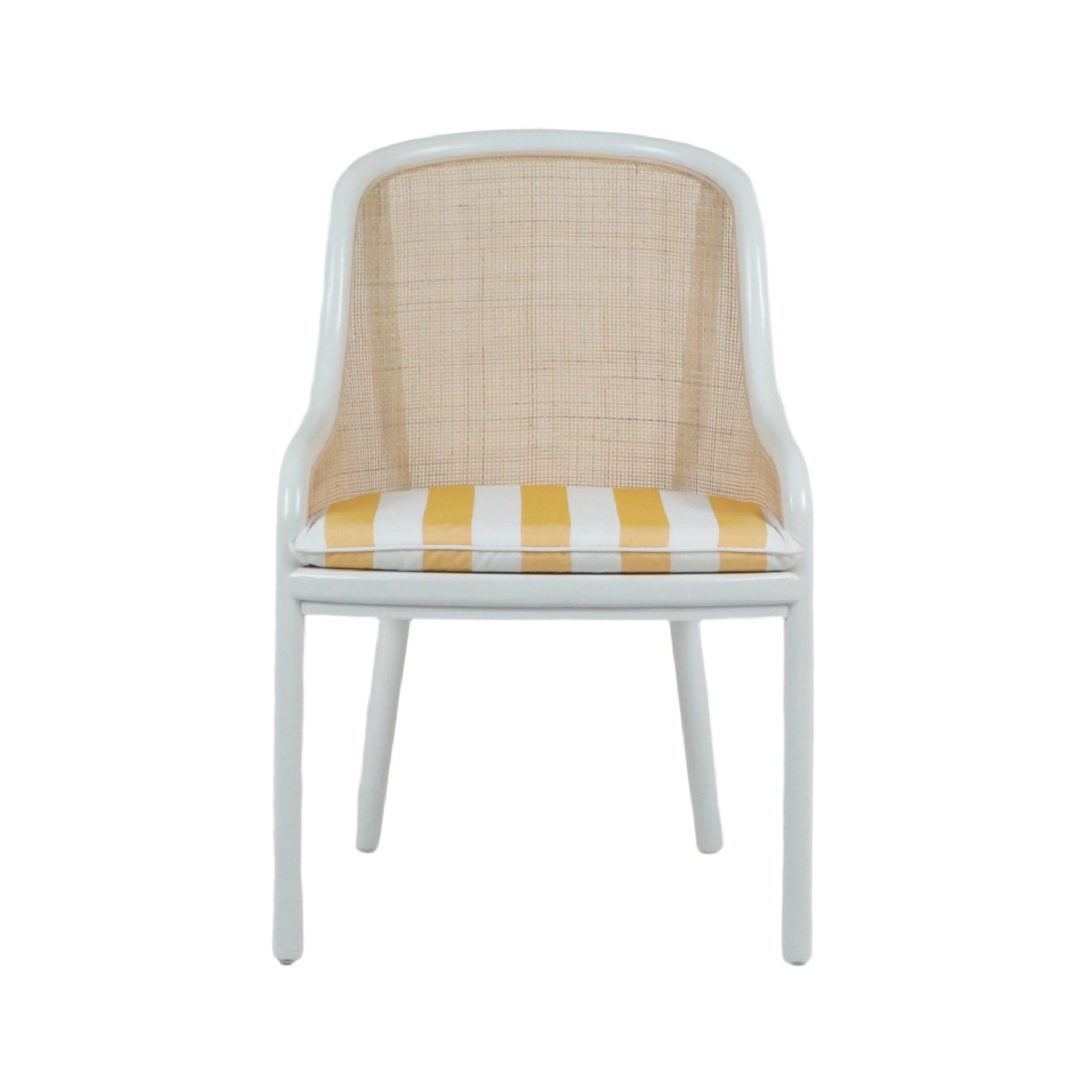 Front view of a bentwood dining chair with a white painted curved wooden frame, natural woven cane backrest and integrated arms, shown with a yellow-and-white striped removable seat cushion.