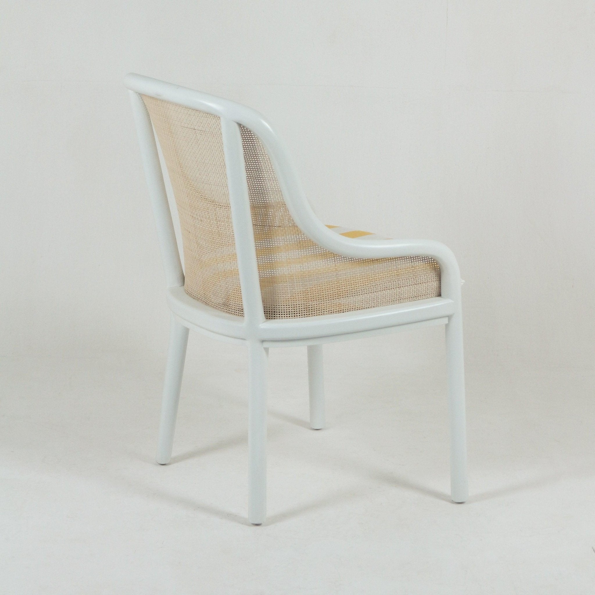 White bentwood dining chair with a curved frame, natural woven cane back and seat, and curved armrests on straight legs, shown from the rear on a plain white background.