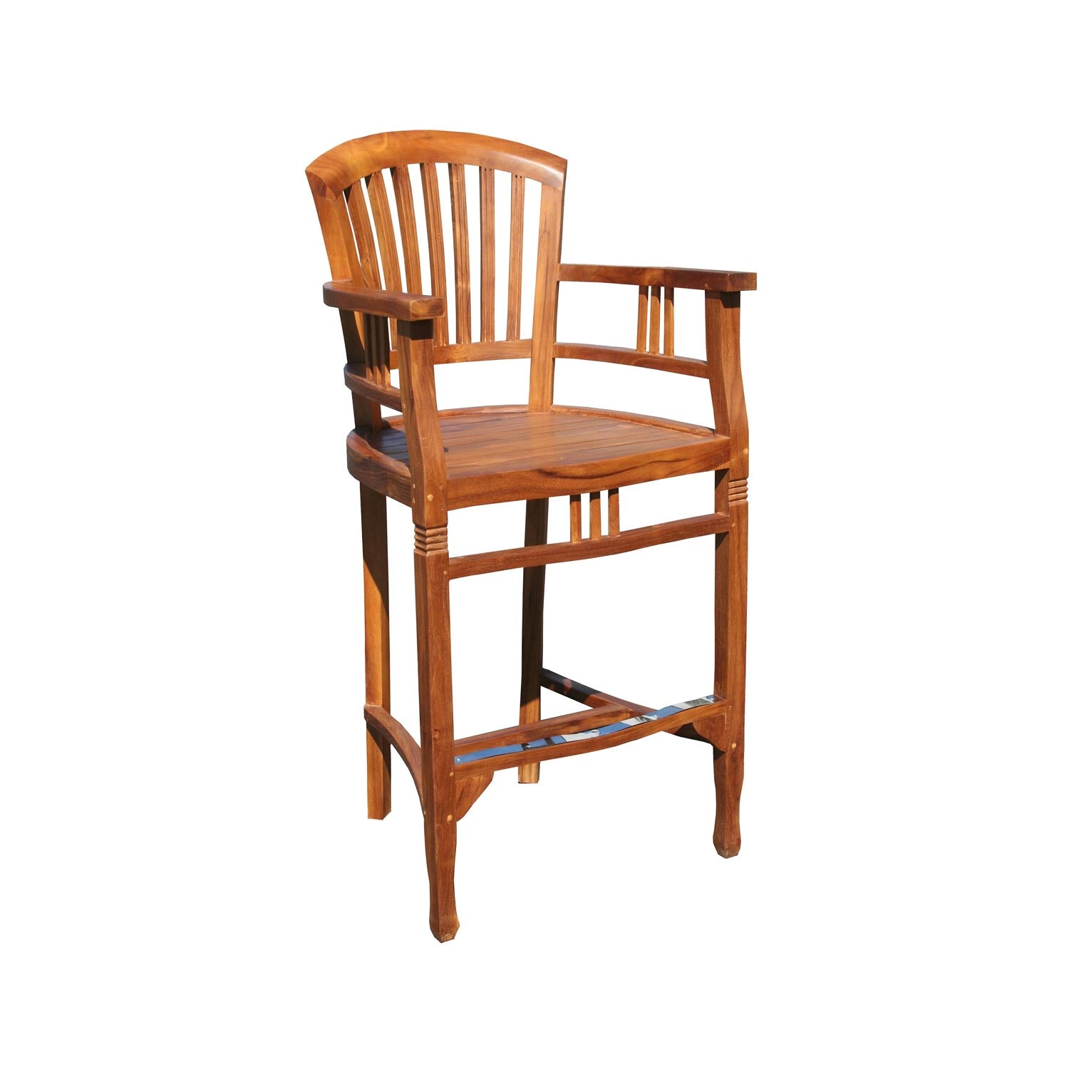 Natural teak outdoor bar stool with a curved slatted back, armrests, rectangular wooden seat and integrated footrest; solid wood coastal-style bar stool ideal for a patio or outdoor bar.