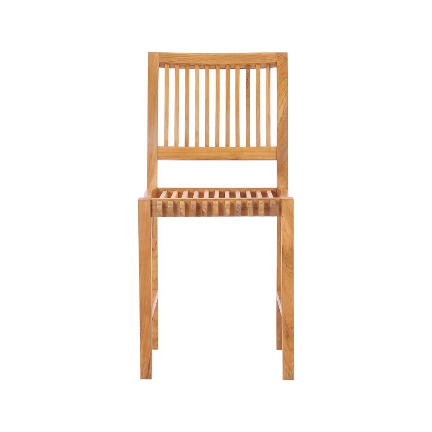 Front view of an armless outdoor bar stool in natural teak with a slatted seat and vertical slat back on a simple contemporary coastal solid wood frame.