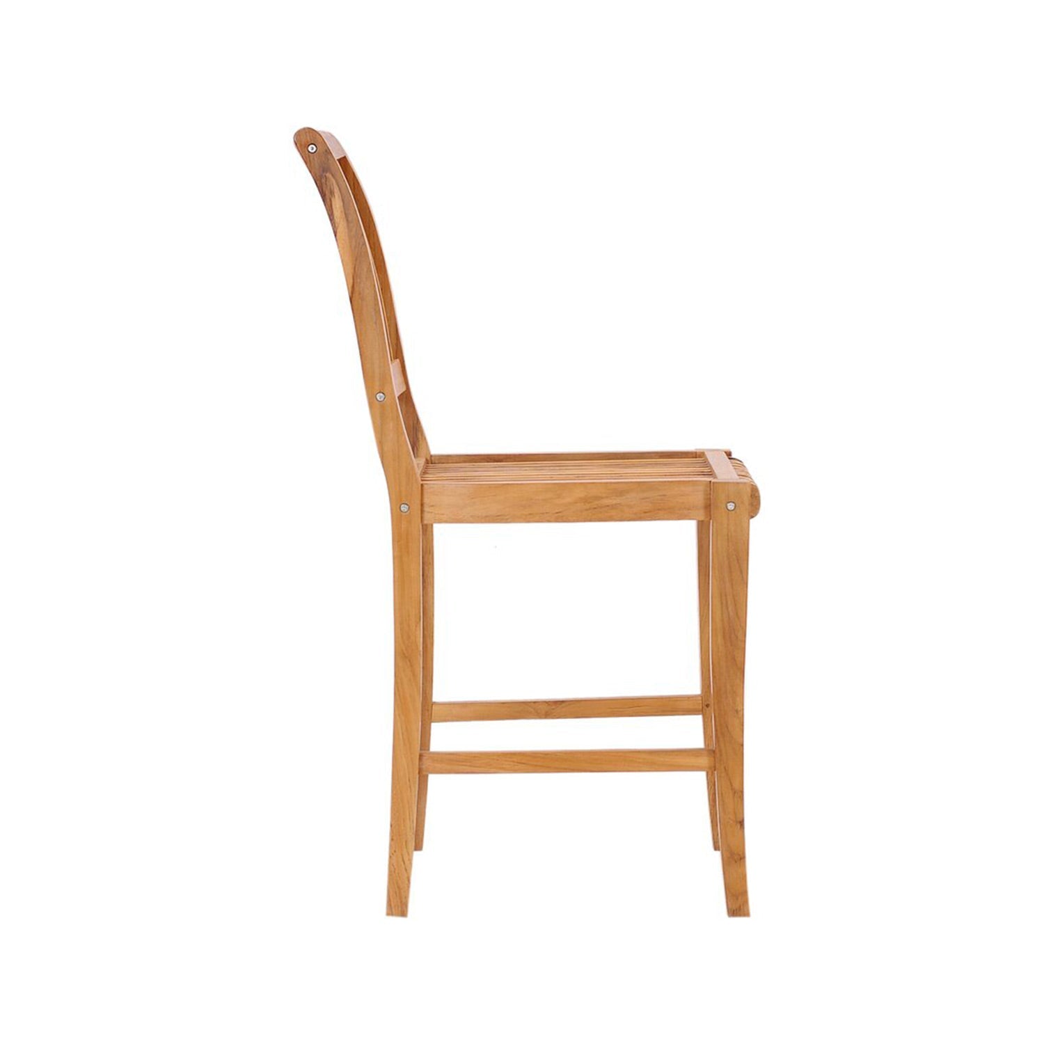 Side view of an armless teak outdoor bar stool with a slatted seat and gently curved backrest in natural teak finish, visible silver fasteners, straight legs and a lower footrest.
