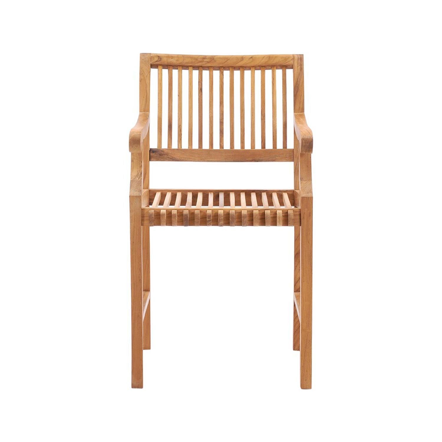Front view of a solid teak outdoor bar stool with vertical slats on the back and seat, integrated curved armrests and straight legs in a natural teak finish ideal for coastal patios.