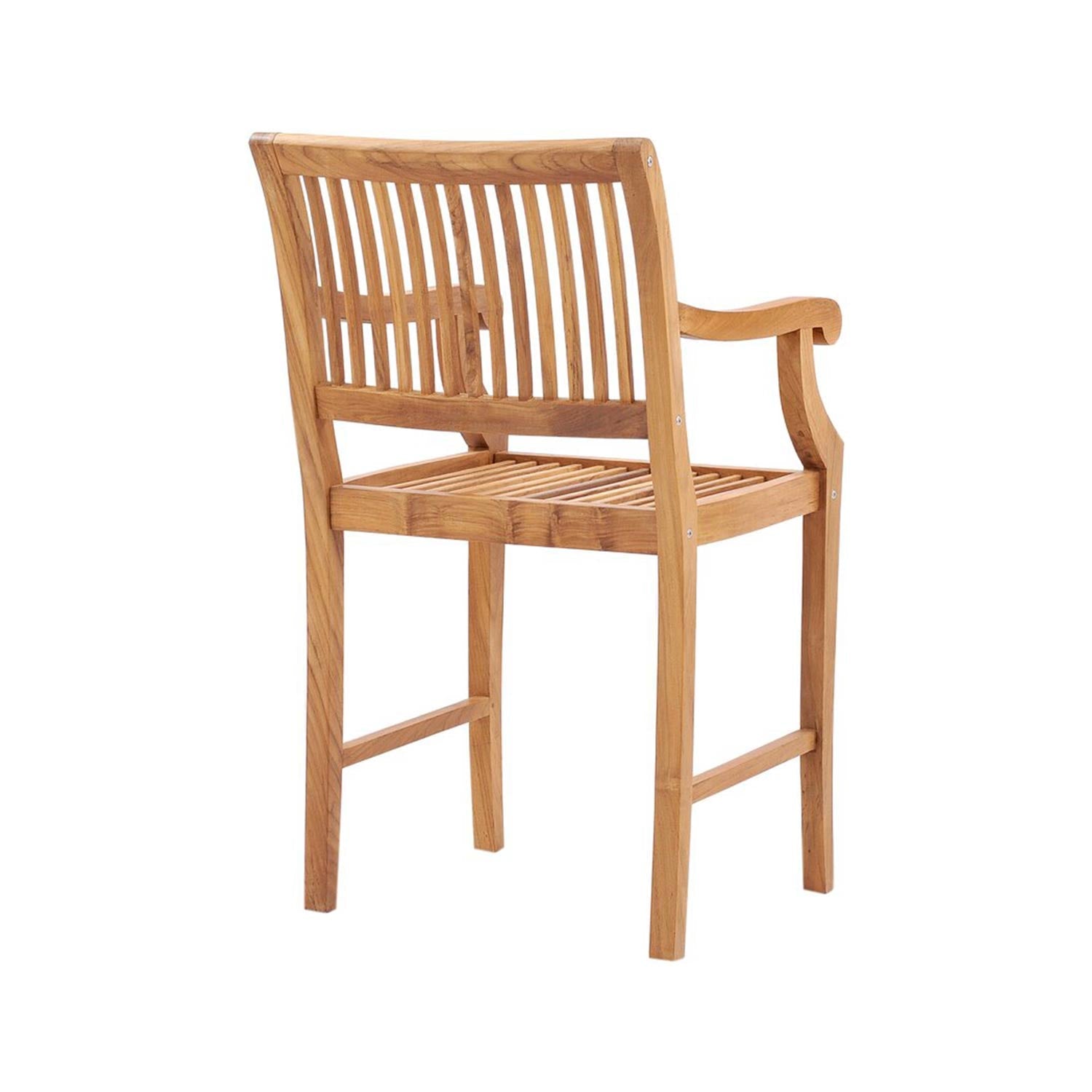 Three-quarter rear view of a coastal-style solid teak outdoor bar stool with slatted seat and back, curved armrests and natural teak finish on a white background.