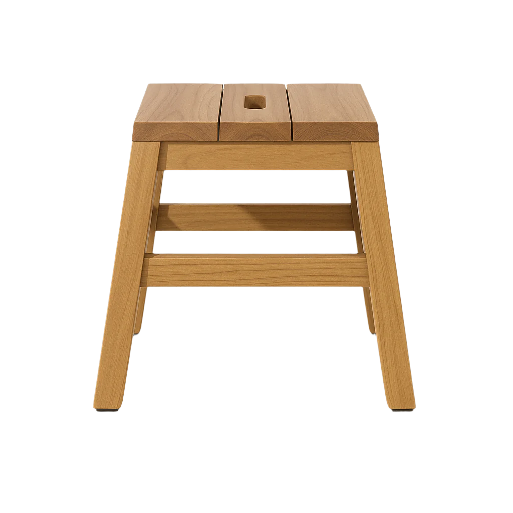 Front view of a compact contemporary teak shower stool with a three-plank slatted seat, center drainage slot, tapered solid-wood legs and two horizontal support bars in a natural teak finish.