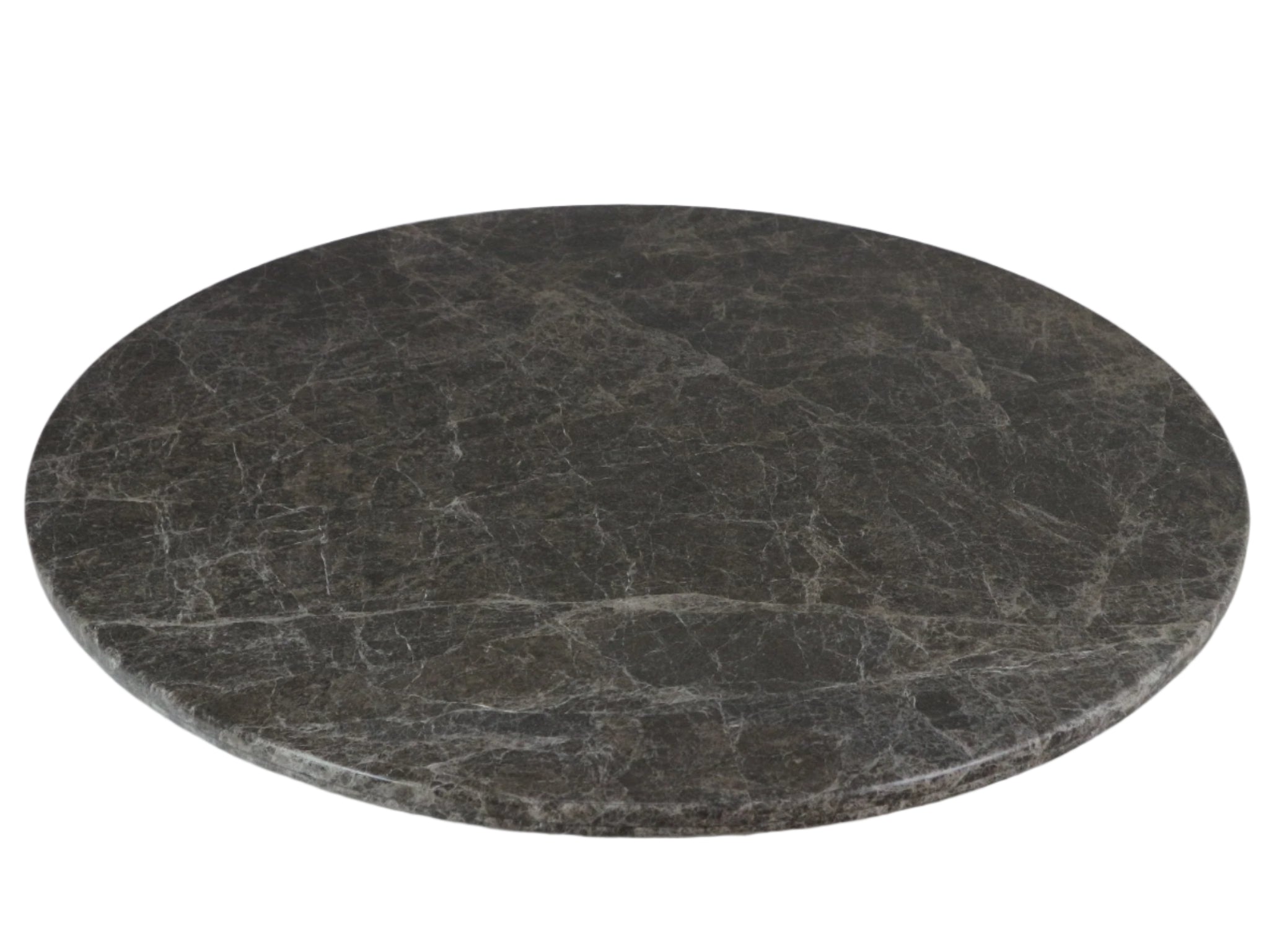 Round black marble coffee table top with gray and white veining and a polished edge, photographed isolated on a white background.