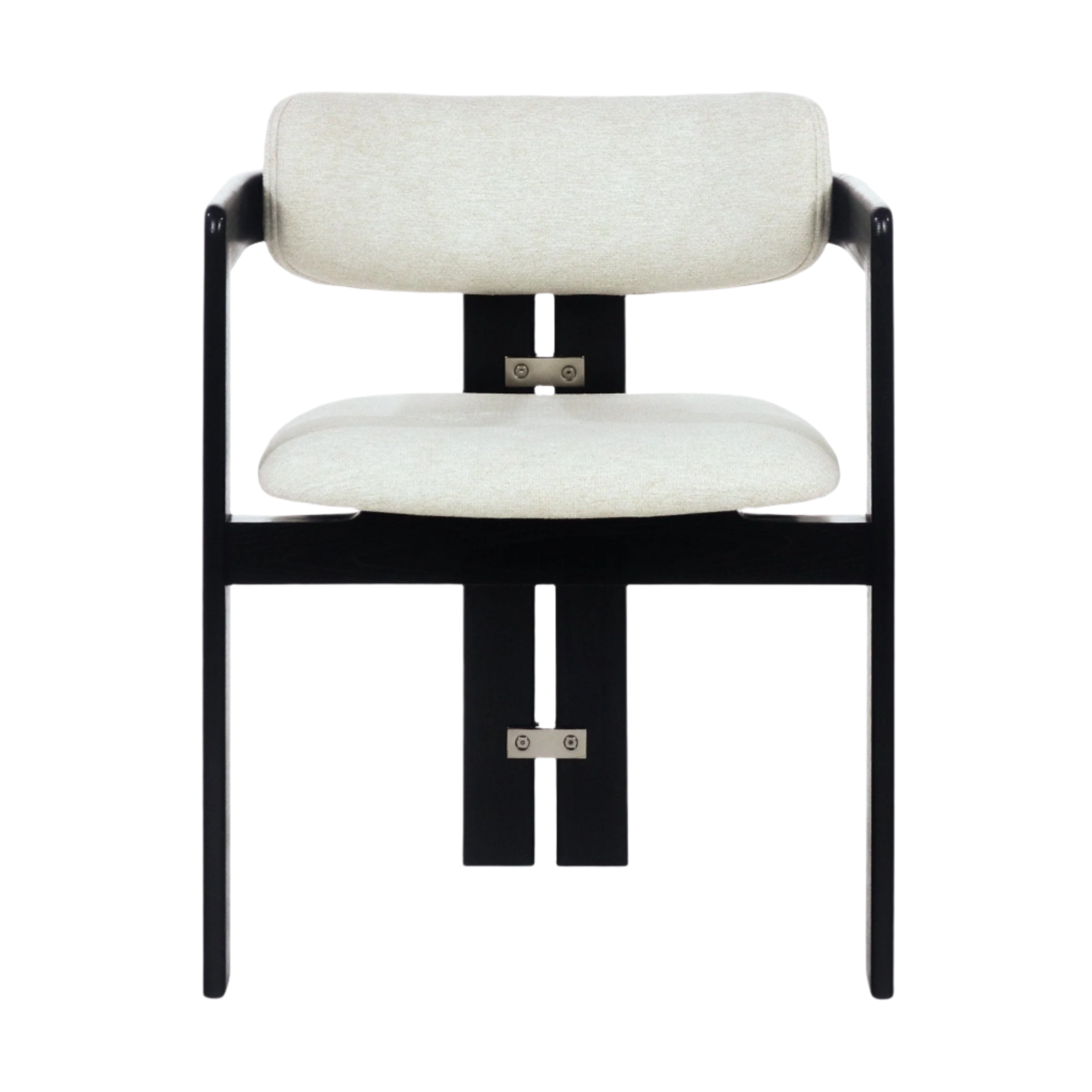 Front view of a modern dining chair with beige boucle upholstered seat and rounded back on a black slim frame, open arms and visible stainless-steel connector accents under the back and seat.