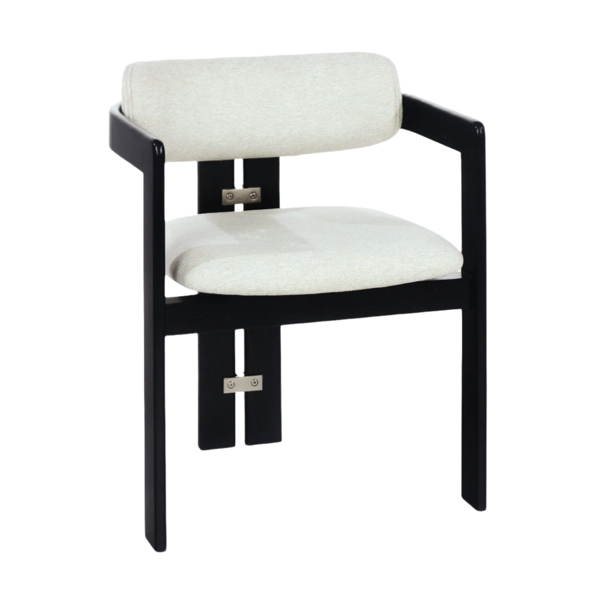 Modern dining chair with a black frame, beige boucle upholstered seat and curved cushioned back, short arms and visible stainless-steel accent plates on the inner support.