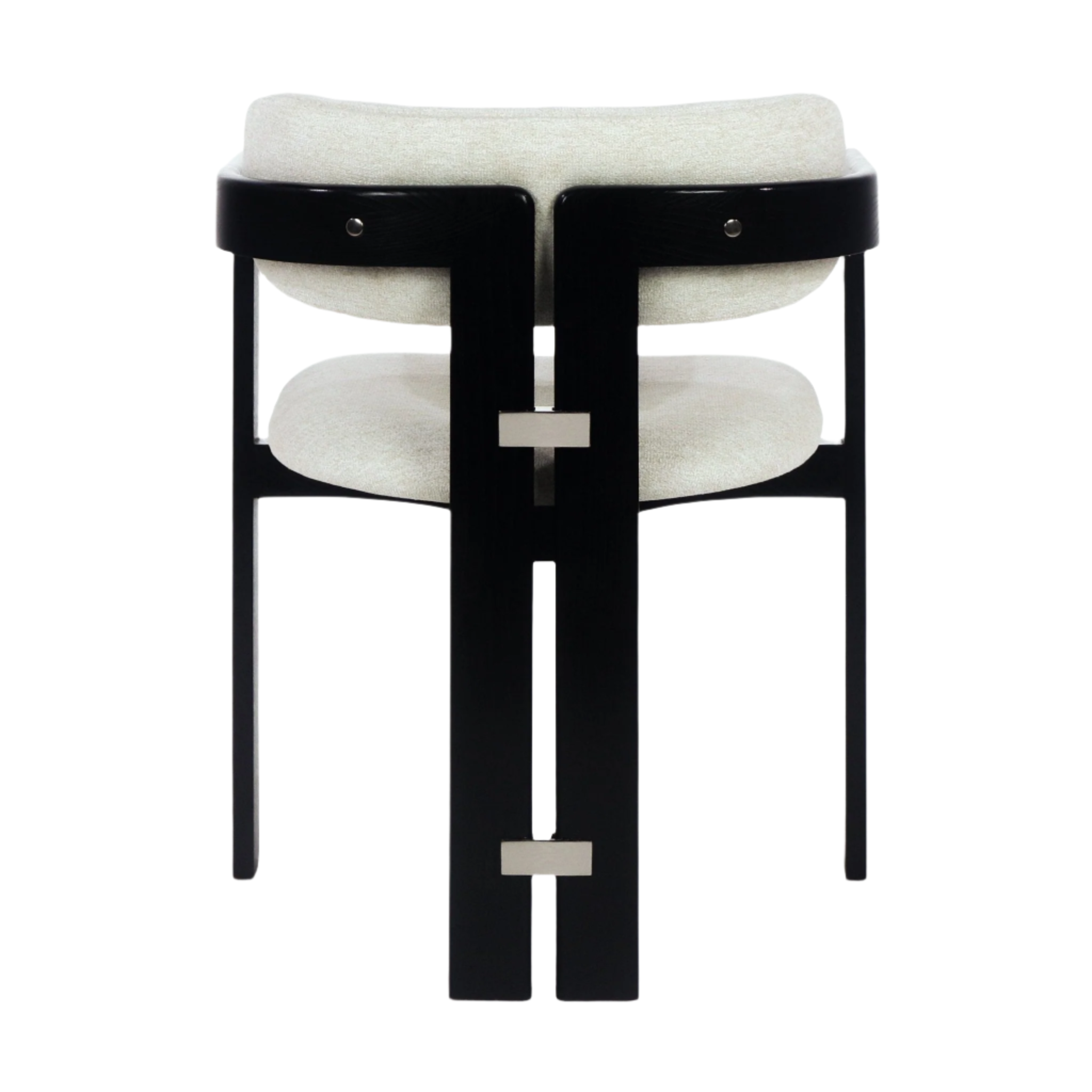 Back view of a modern dining chair with a black wooden frame, beige boucle upholstered seat and back, slim black legs, and stainless steel rectangular accent plates on the central rear support.