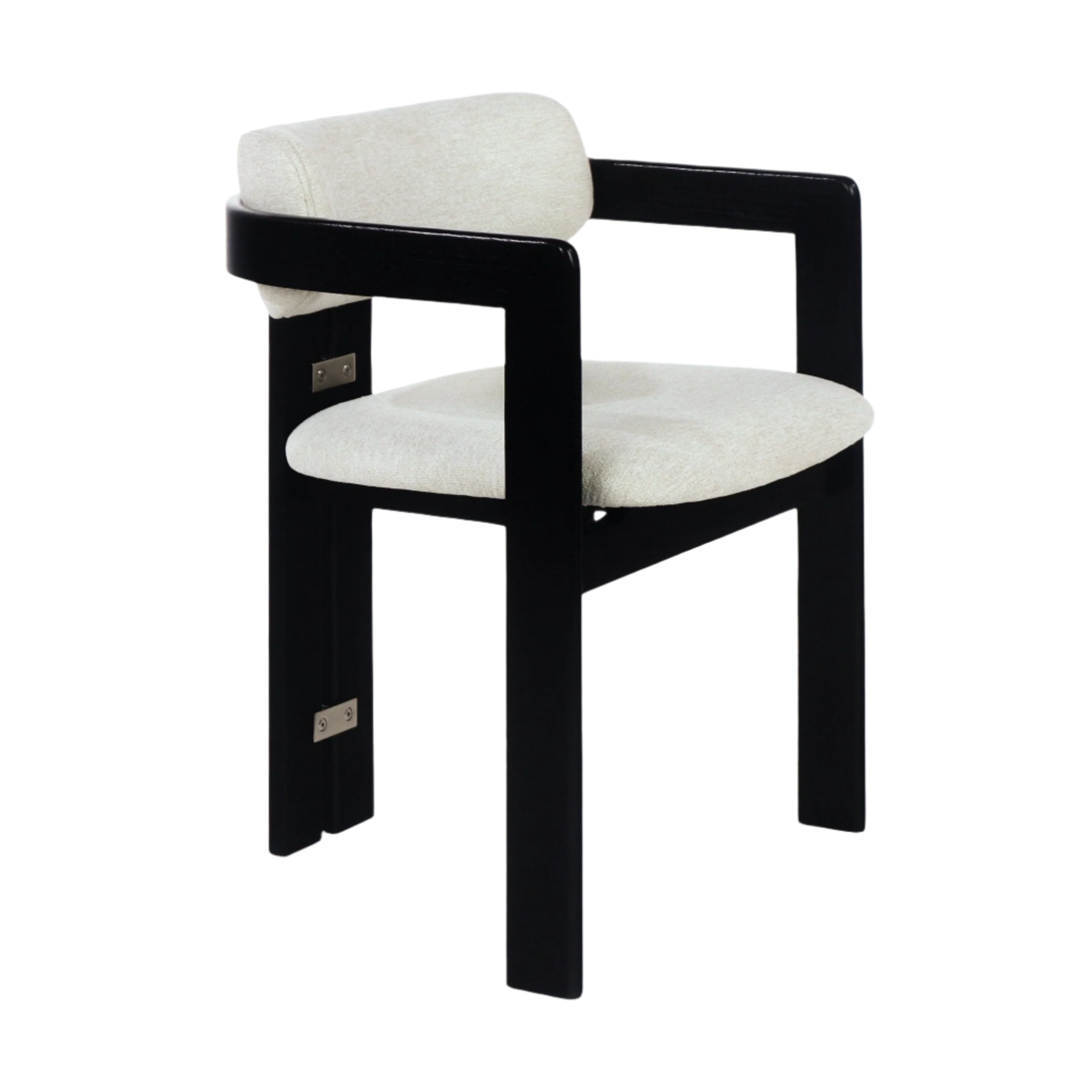 Modern dining chair with a glossy black wood frame, beige boucle upholstered seat and rounded back cushion, curved armrests and visible stainless steel accent plates on the inner legs.