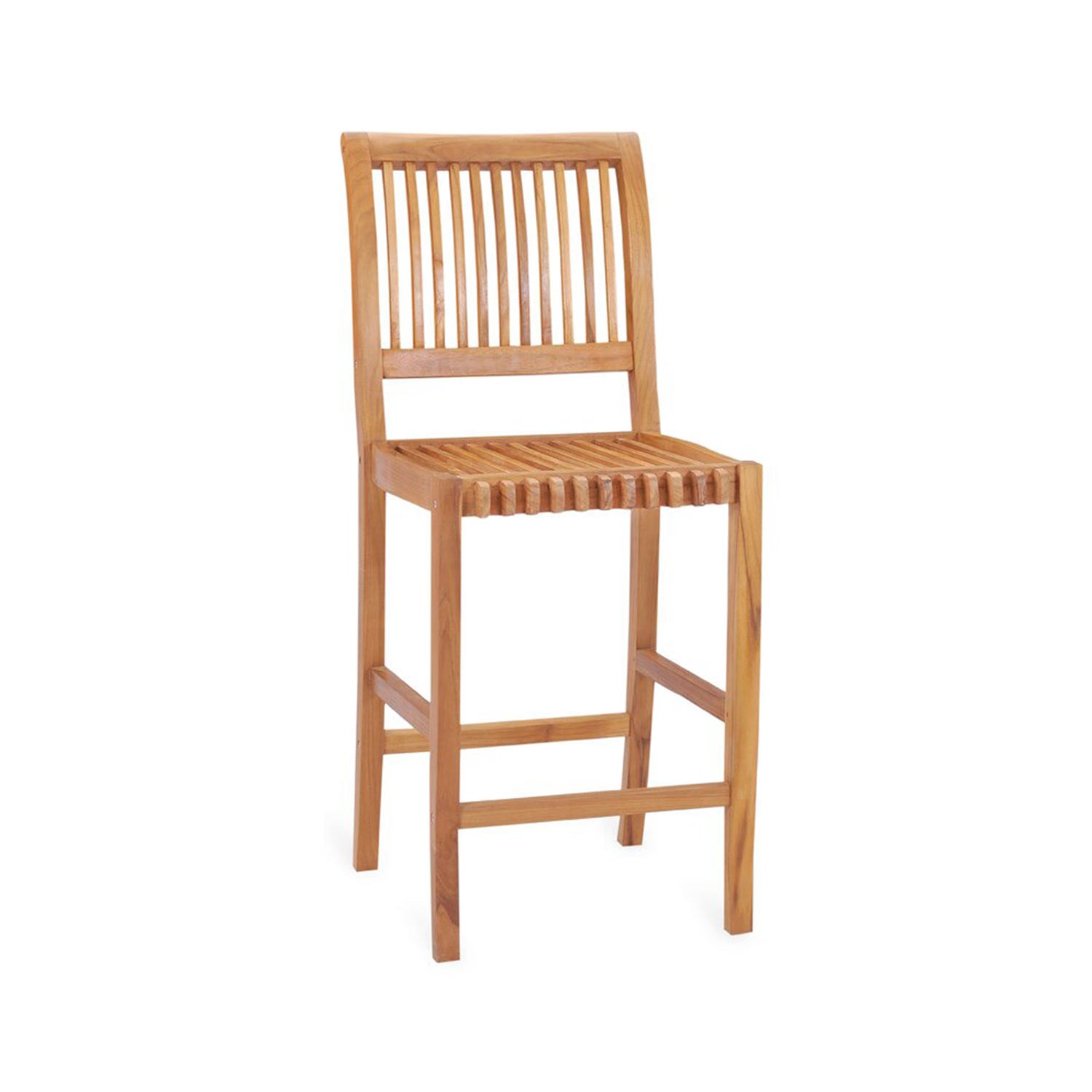 Armless outdoor bar stool in natural teak with a vertical slatted back, slatted seat, straight square legs and integrated footrest, finished in warm natural-brown teak for coastal or contemporary outdoor settings.