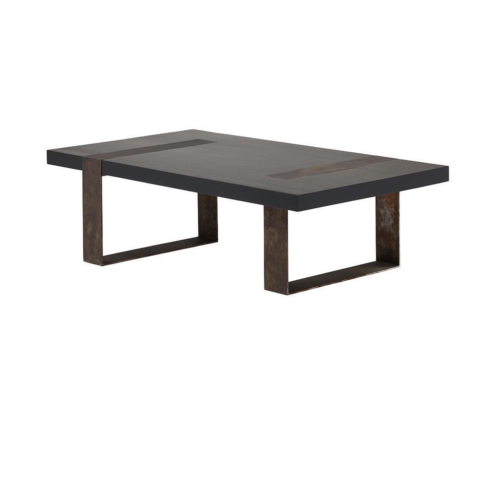 Low rectangular coffee table with a thick black mahogany top and inset mahogany strips, supported by two U-shaped oxidized metal legs for a modern industrial living room look.