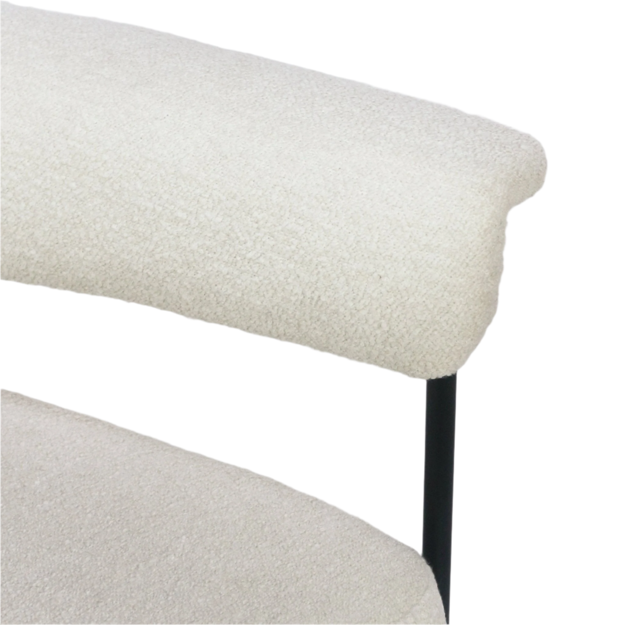 Close-up of a cream boucle upholstered dining chair showing the textured backrest and seat cushion with a slim black metal support bar visible.