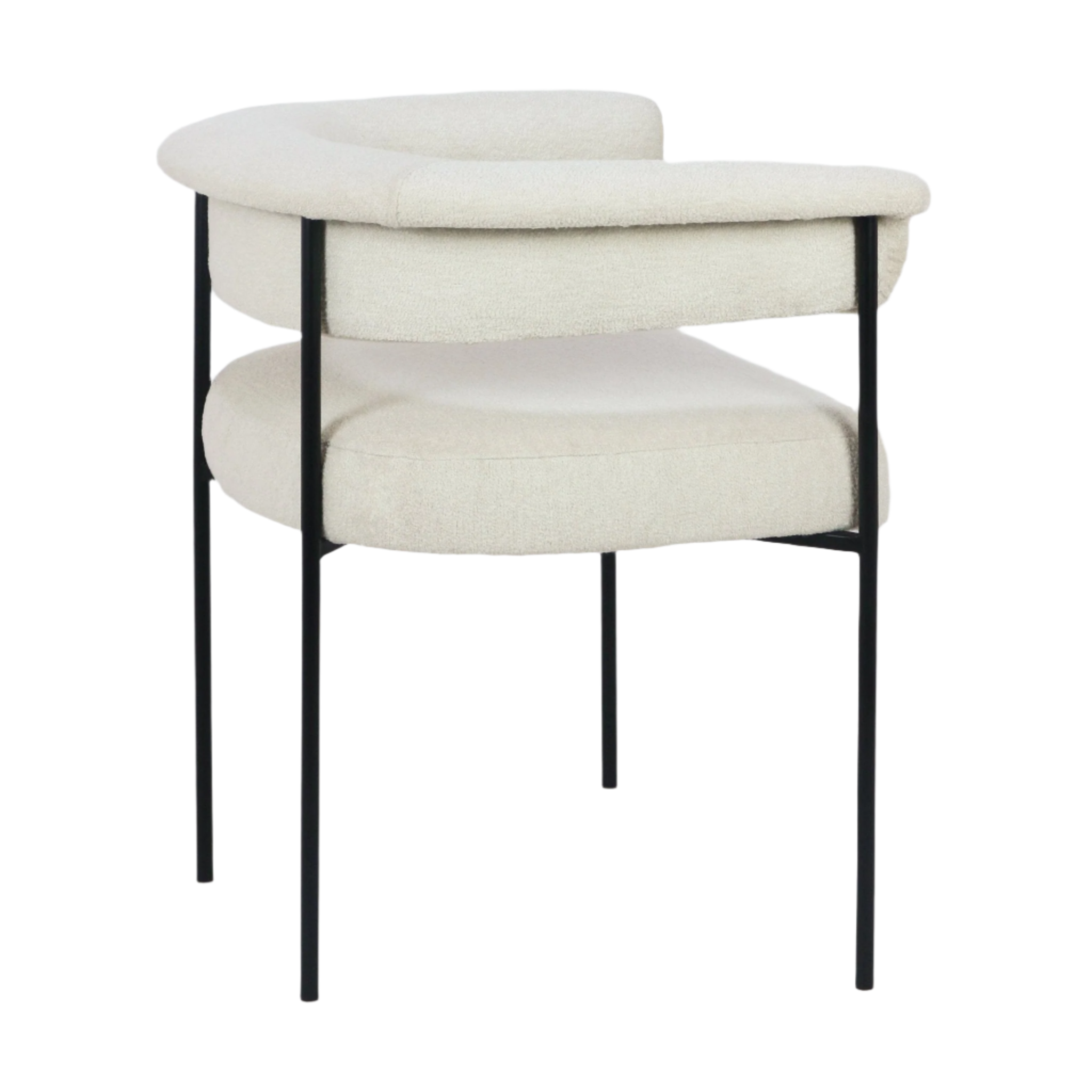 Cream boucle upholstered dining chair with a curved wraparound back and cushioned seat on slender black metal legs, shown against a white background in a modern minimalist style.