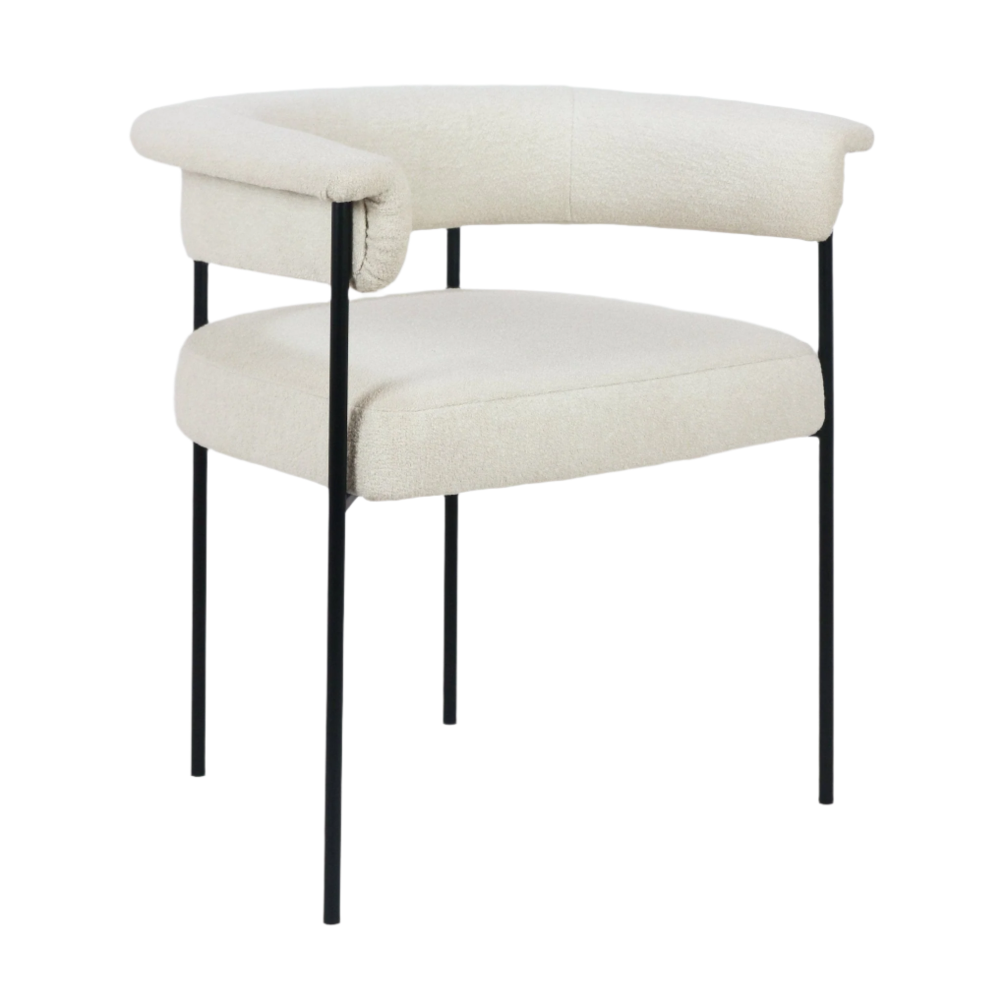 Cream boucle upholstered dining chair with a curved wraparound backrest and low arms, padded seat and slender matte black metal legs for a modern, minimalist dining silhouette.