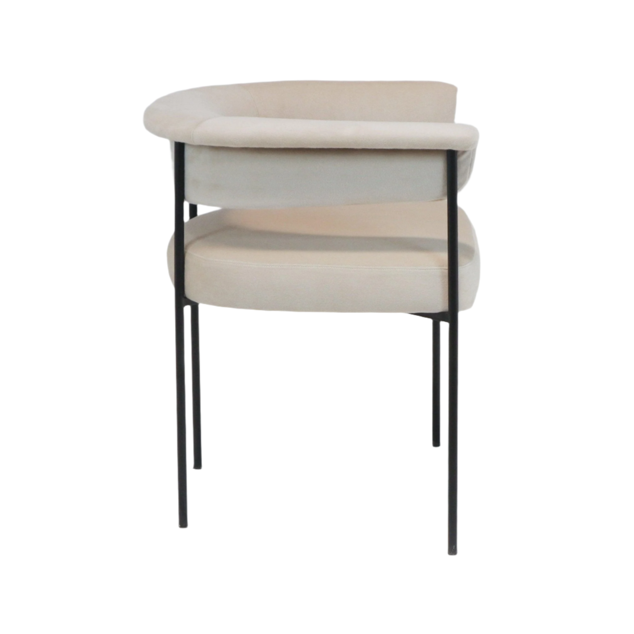 Rear three-quarter view of a cream boucle upholstered dining chair with a rounded wrapped back, cushioned seat and slender black metal legs, showing the open gap between the backrest and seat.